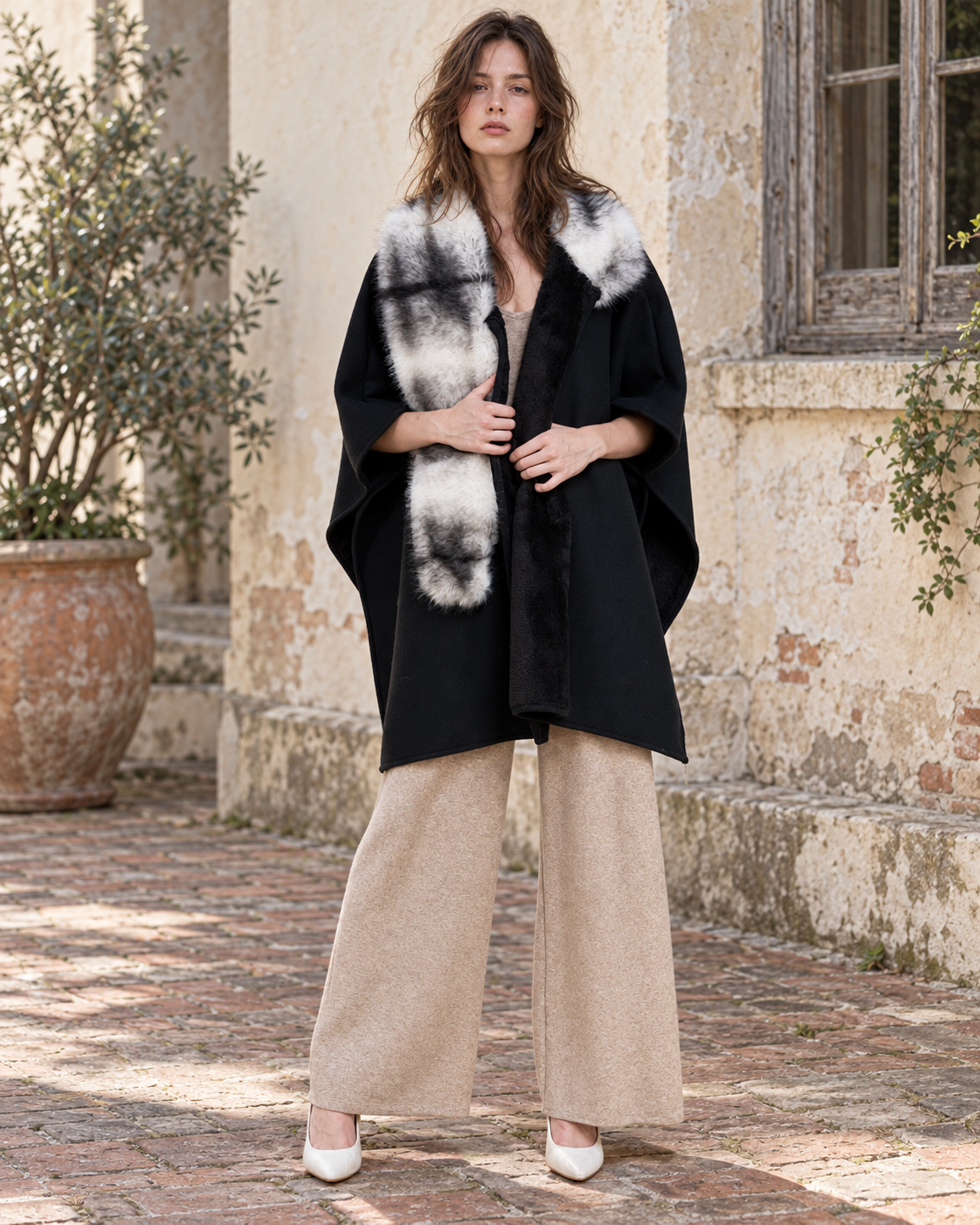 Cowl Neck Snap Closure Vegan Fur Cape - BLACK (OS) (Pack of 6)