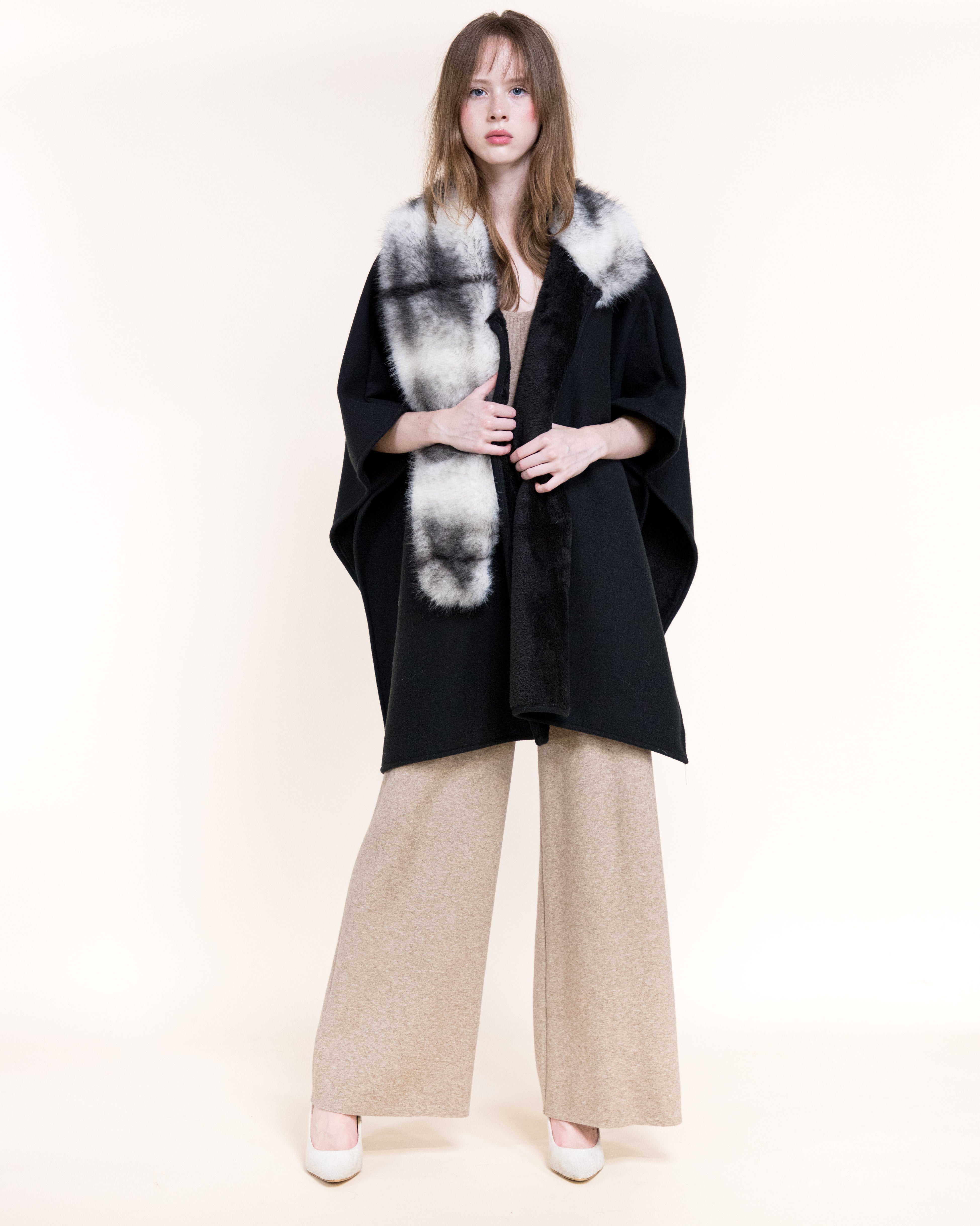 Cowl Neck Snap Closure Vegan Fur Cape - BEIGE (OS) (Pack of 6)