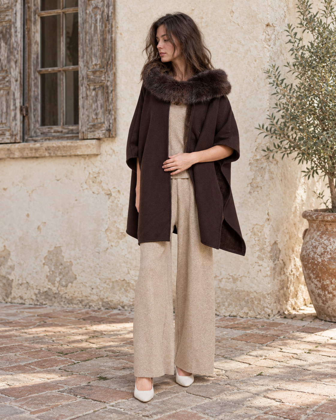 Cowl Neck Snap Closure Vegan Fur Cape - BROWN (OS) (Pack of 6)