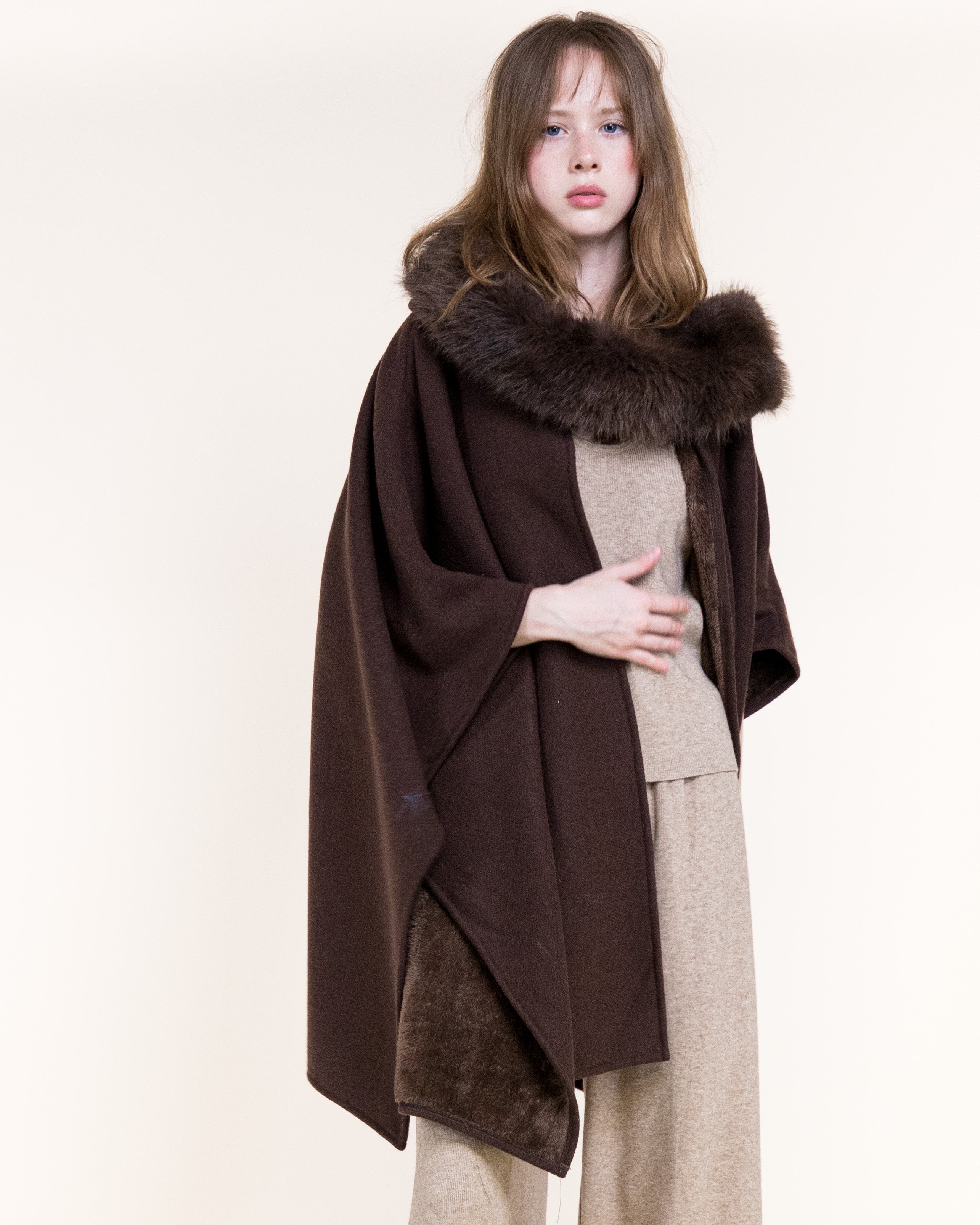 Cowl Neck Snap Closure Vegan Fur Cape - BEIGE (OS) (Pack of 6)