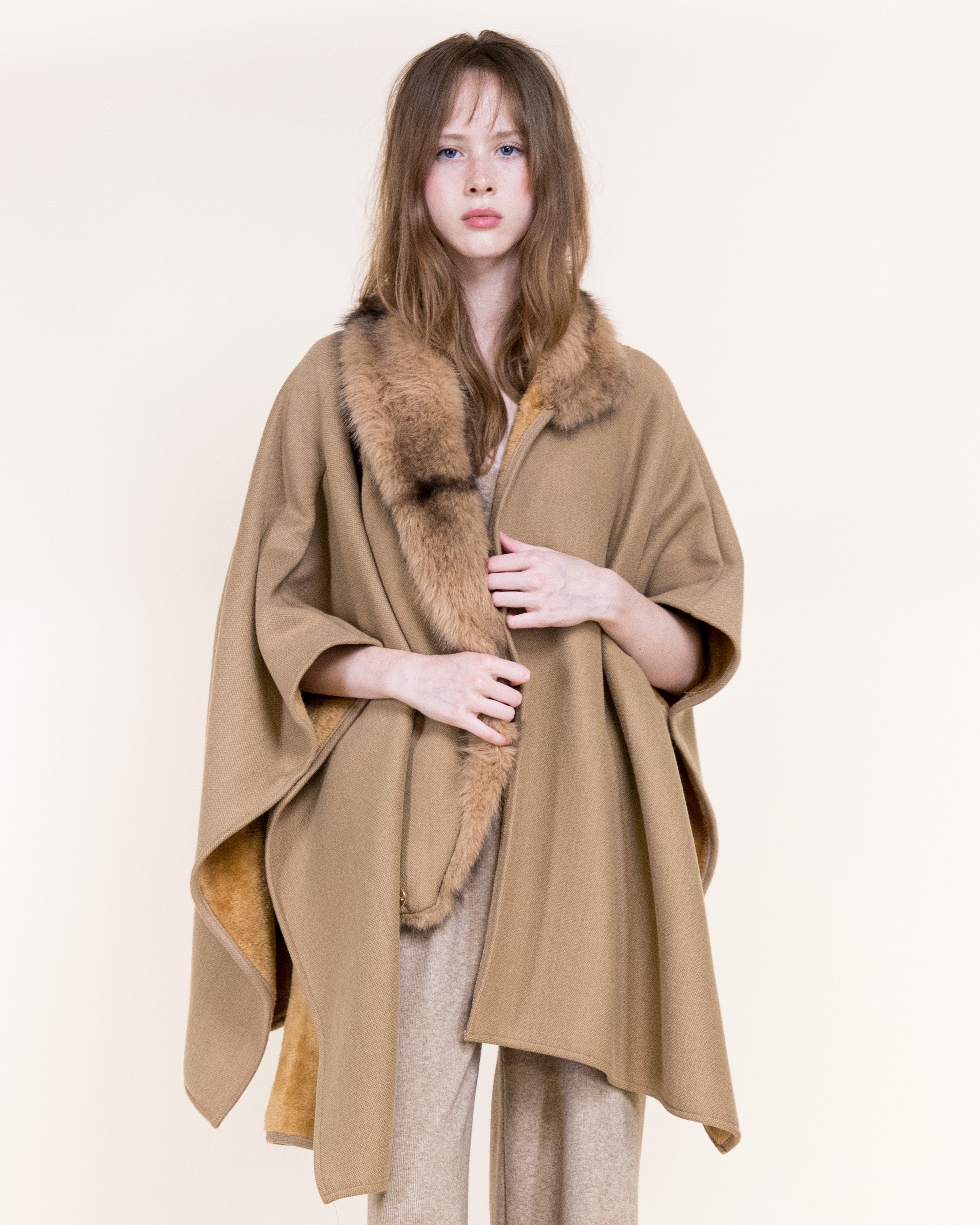 Cowl Neck Snap Closure Vegan Fur Cape - BEIGE (OS) (Pack of 6)