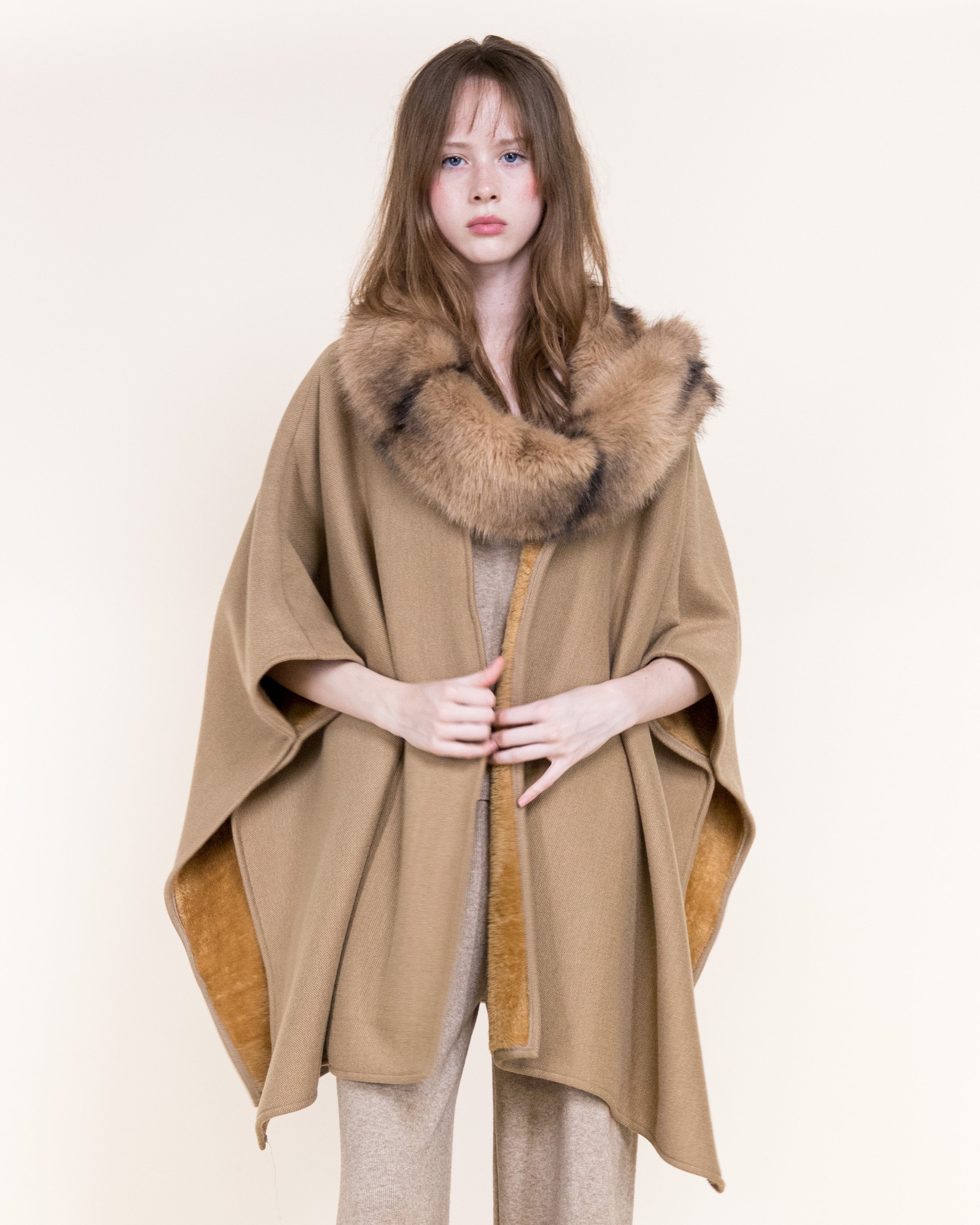 Cowl Neck Snap Closure Vegan Fur Cape - BEIGE (OS) (Pack of 6)