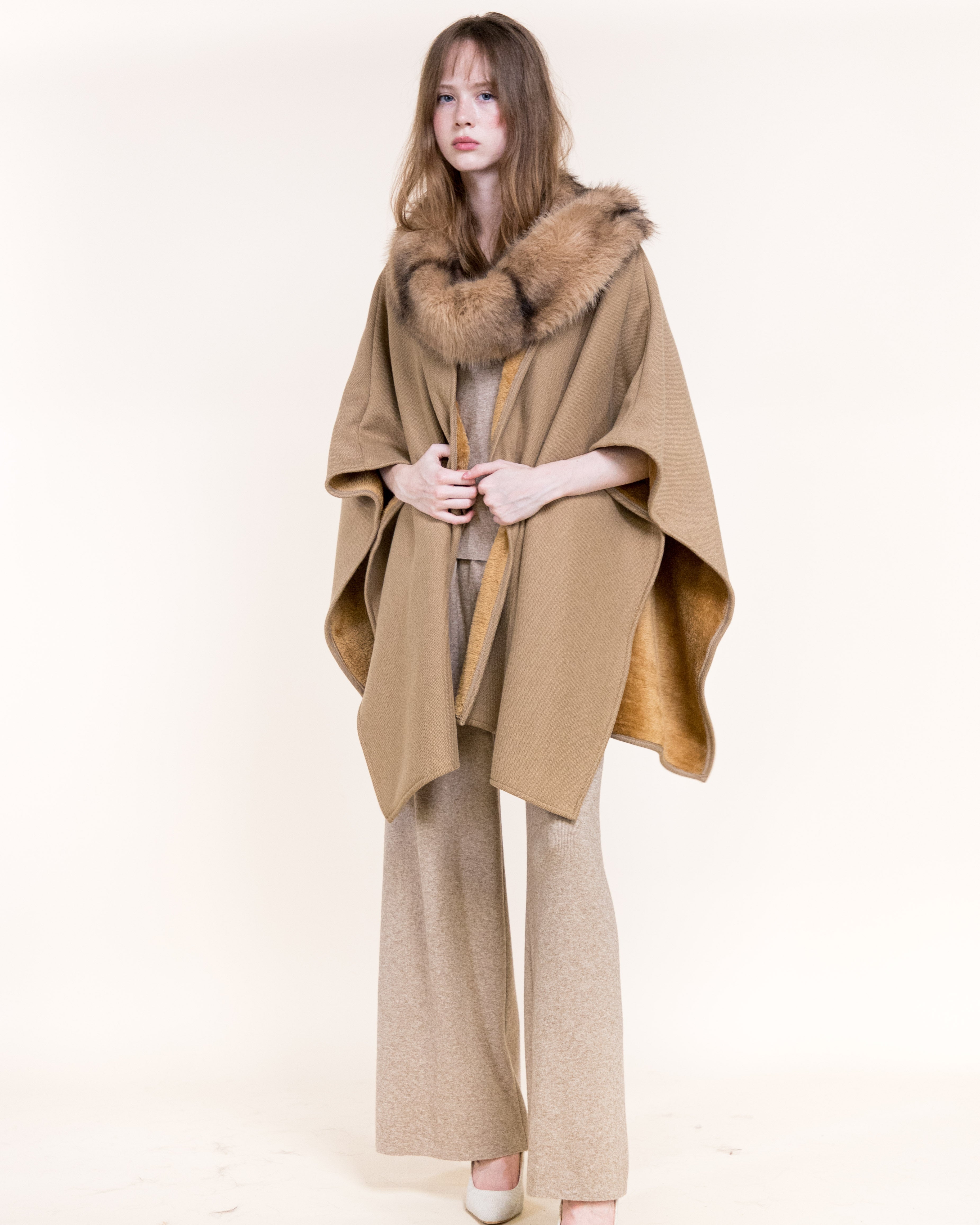 Cowl Neck Snap Closure Vegan Fur Cape - BEIGE (OS) (Pack of 6)