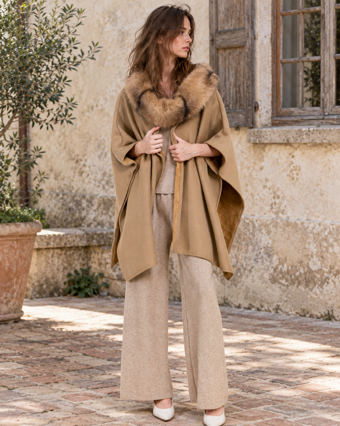 Cowl Neck Snap Closure Vegan Fur Cape - CAMEL (OS) (Pack of 6)