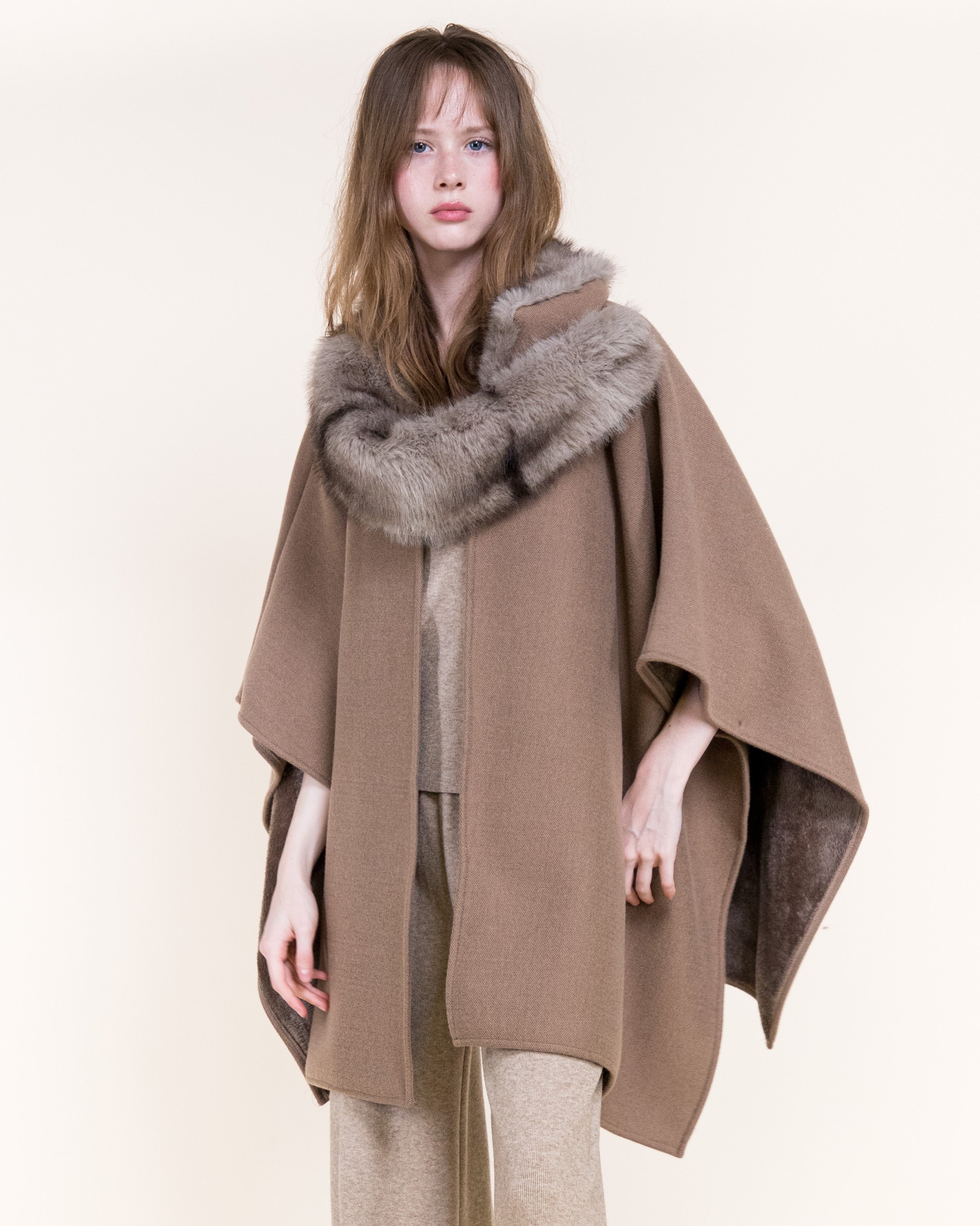 Cowl Neck Snap Closure Vegan Fur Cape - BEIGE (OS) (Pack of 6)