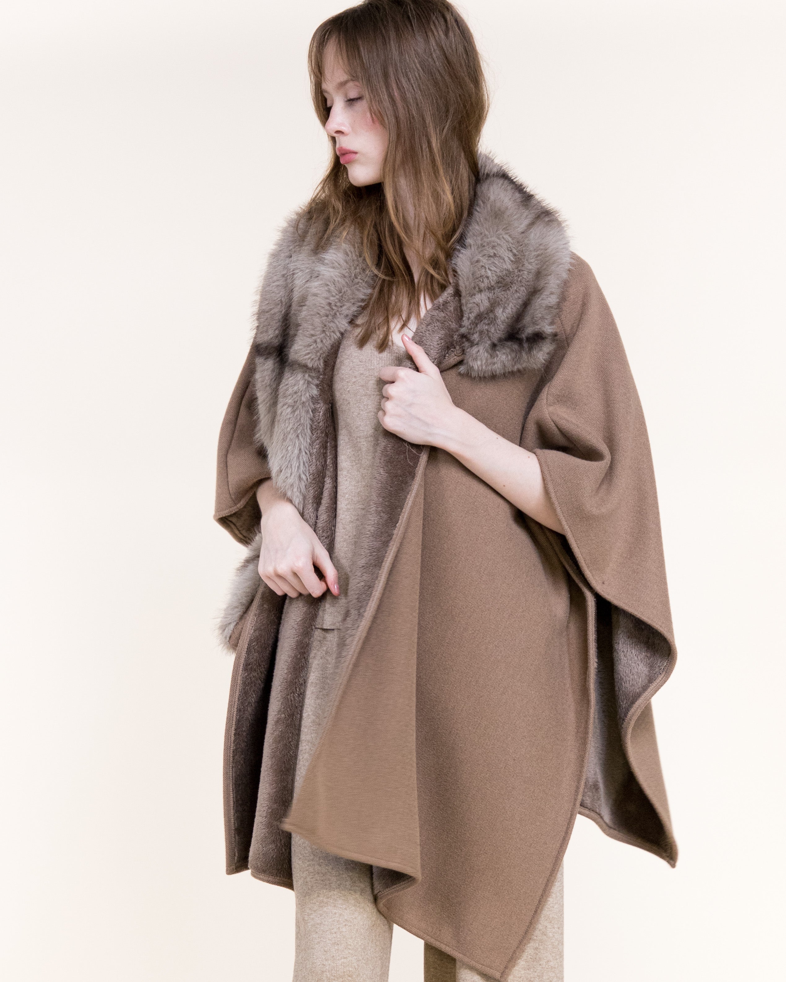Cowl Neck Snap Closure Vegan Fur Cape - BEIGE (OS) (Pack of 6)