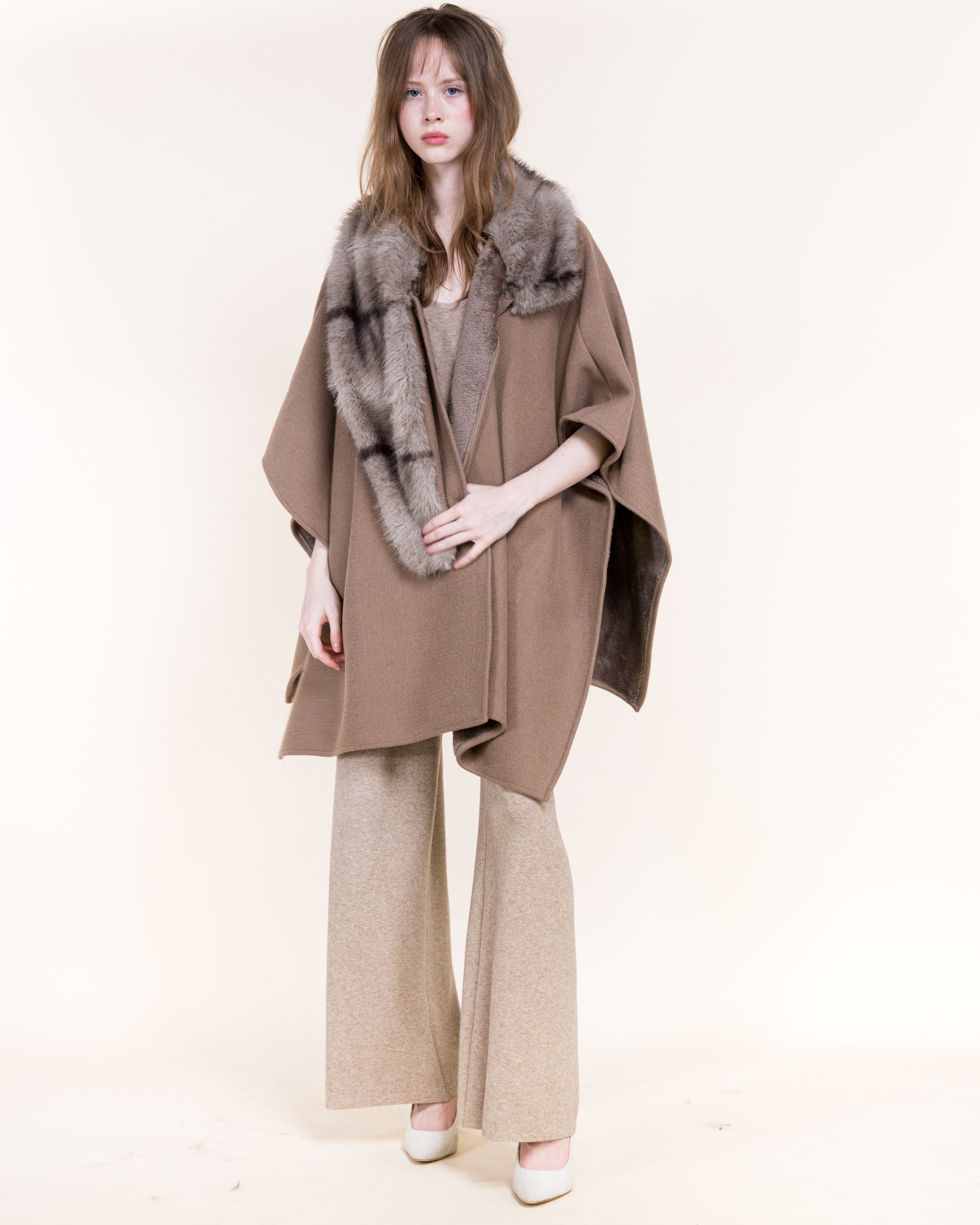 Cowl Neck Snap Closure Vegan Fur Cape - BEIGE (OS) (Pack of 6)