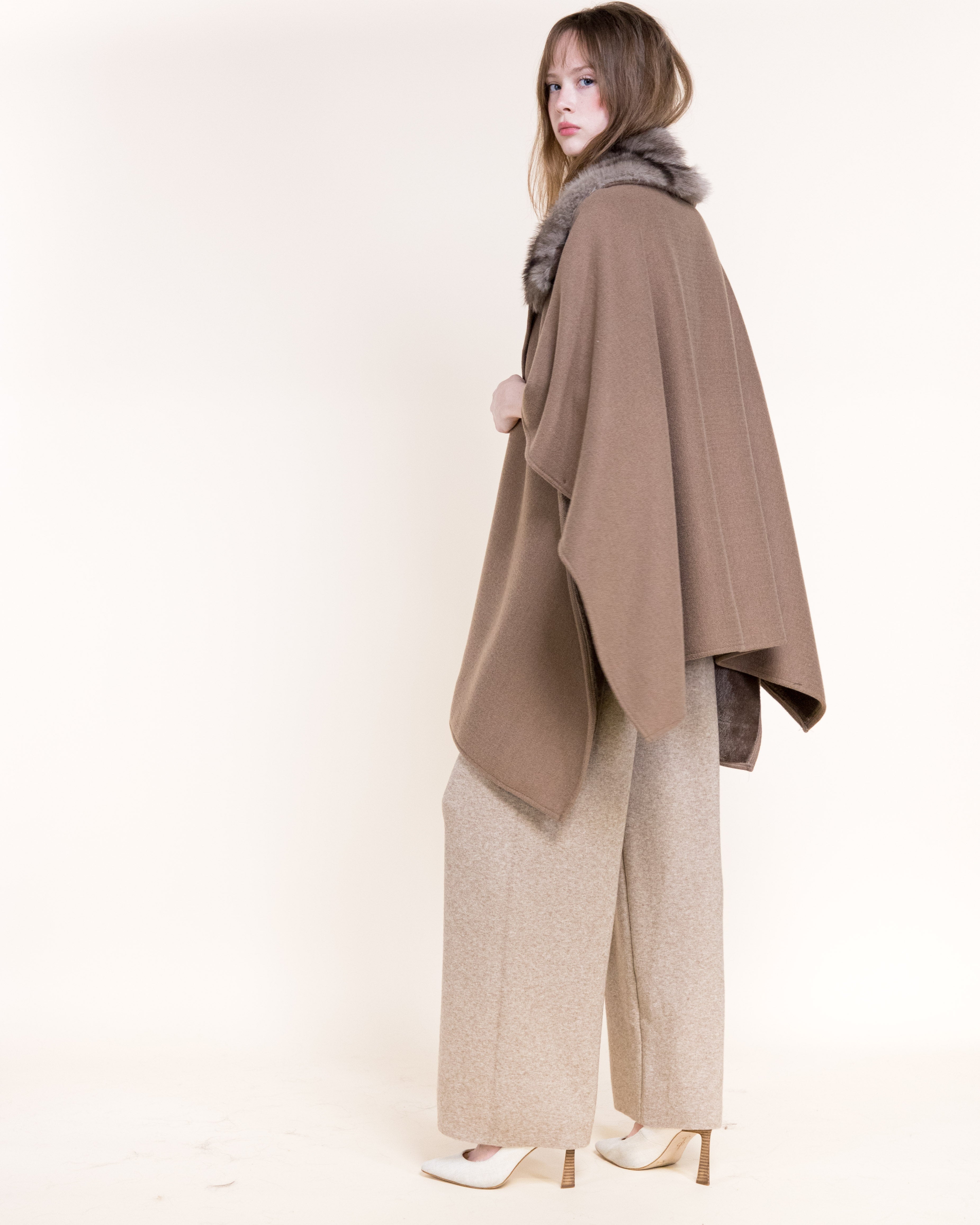 Cowl Neck Snap Closure Vegan Fur Cape - BEIGE (OS) (Pack of 6)