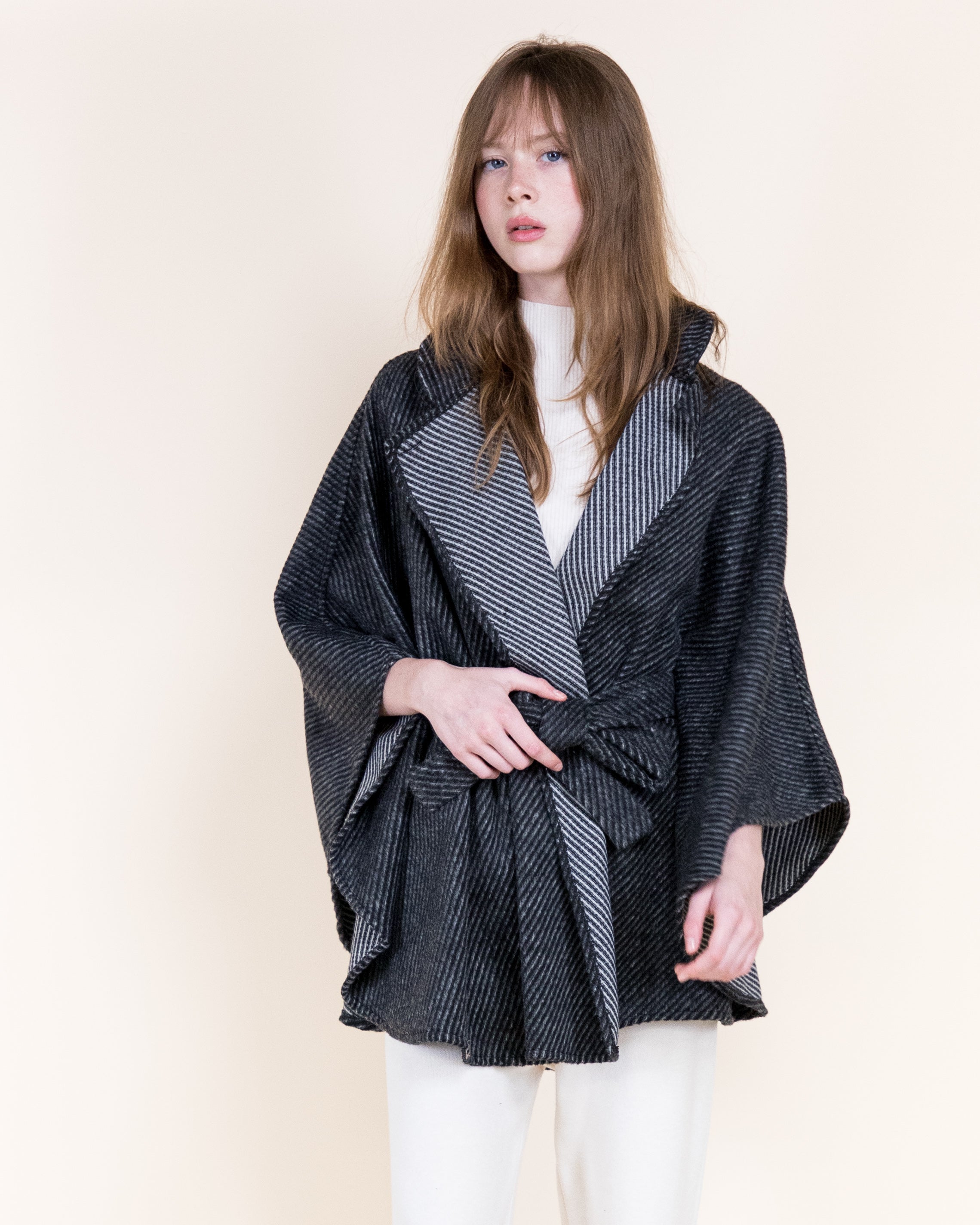 Angular Pinstripe Funnel Neck Belted Cape - BLACK (OS) (Pack of 6)