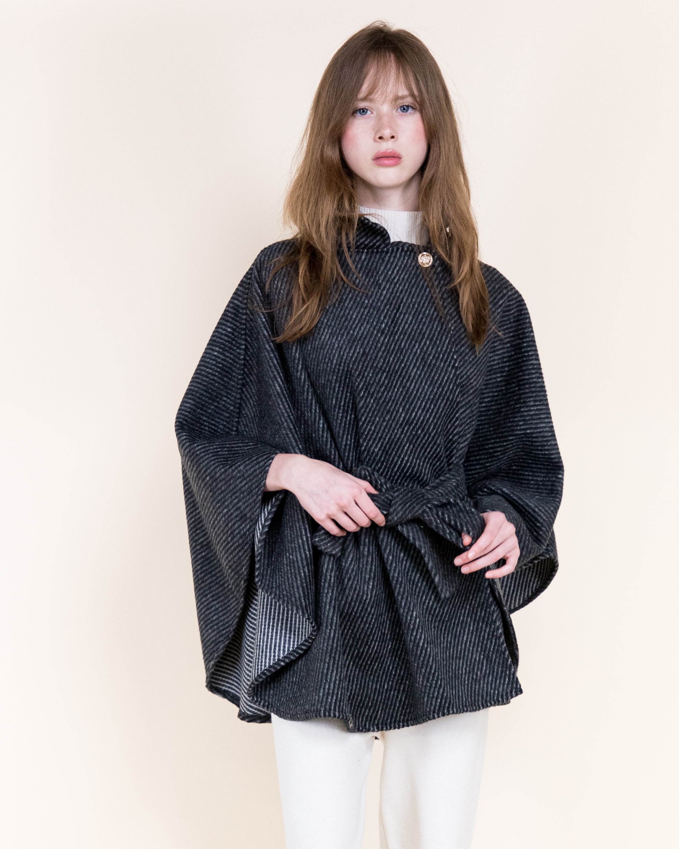 Angular Pinstripe Funnel Neck Belted Cape - BLACK (OS) (Pack of 6)