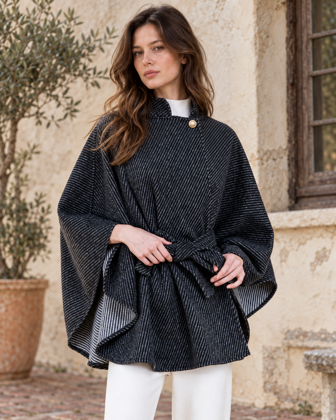 Angular Pinstripe Funnel Neck Belted Cape - BLACK (OS) (Pack of 6)
