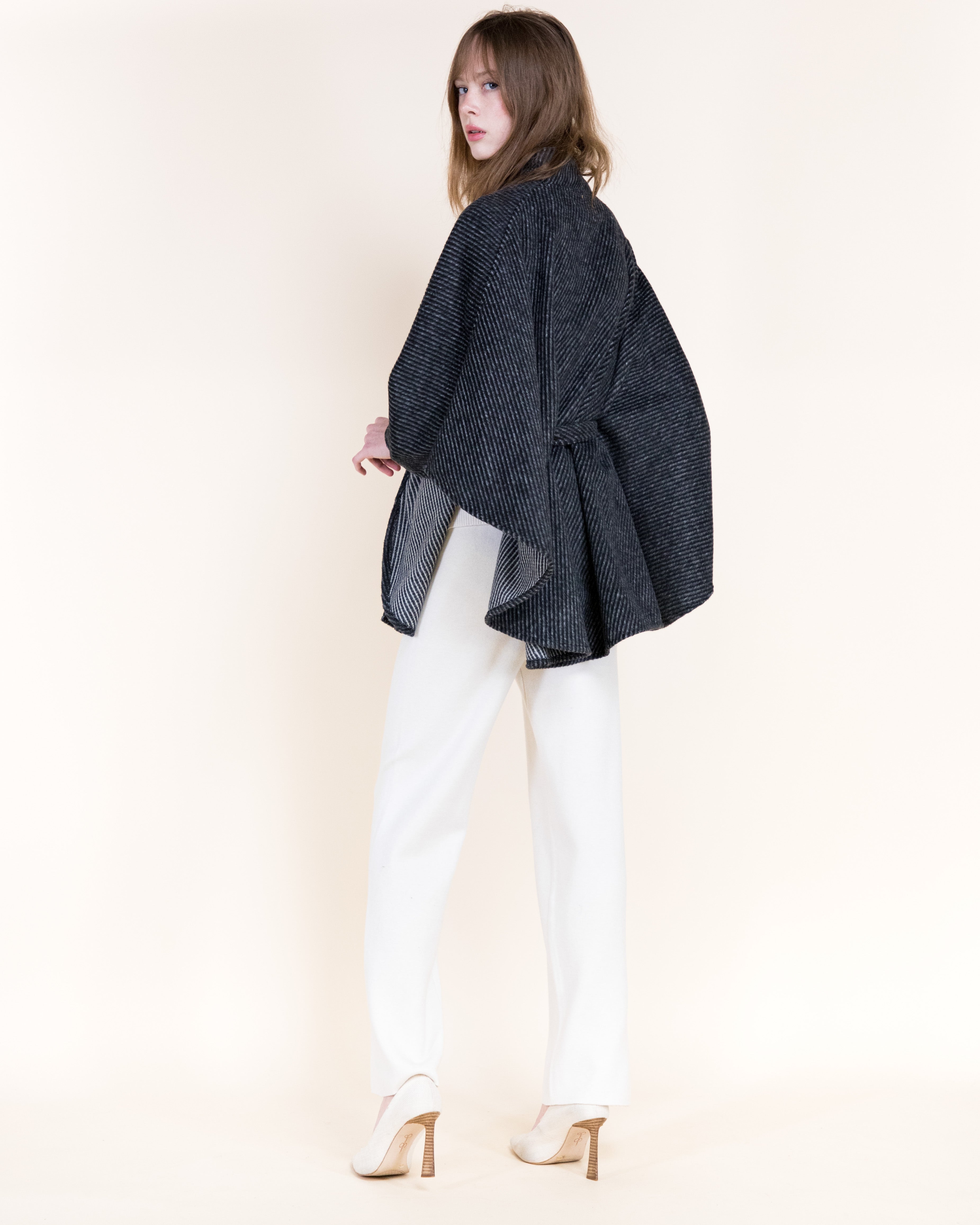 Angular Pinstripe Funnel Neck Belted Cape - BLACK (OS) (Pack of 6)