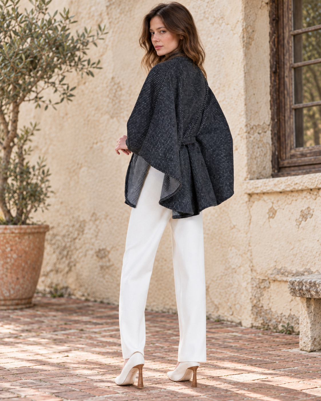 Angular Pinstripe Funnel Neck Belted Cape - BLACK (OS) (Pack of 6)