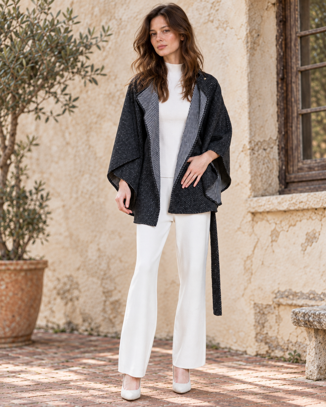 Angular Pinstripe Funnel Neck Belted Cape - BLACK (OS) (Pack of 6)