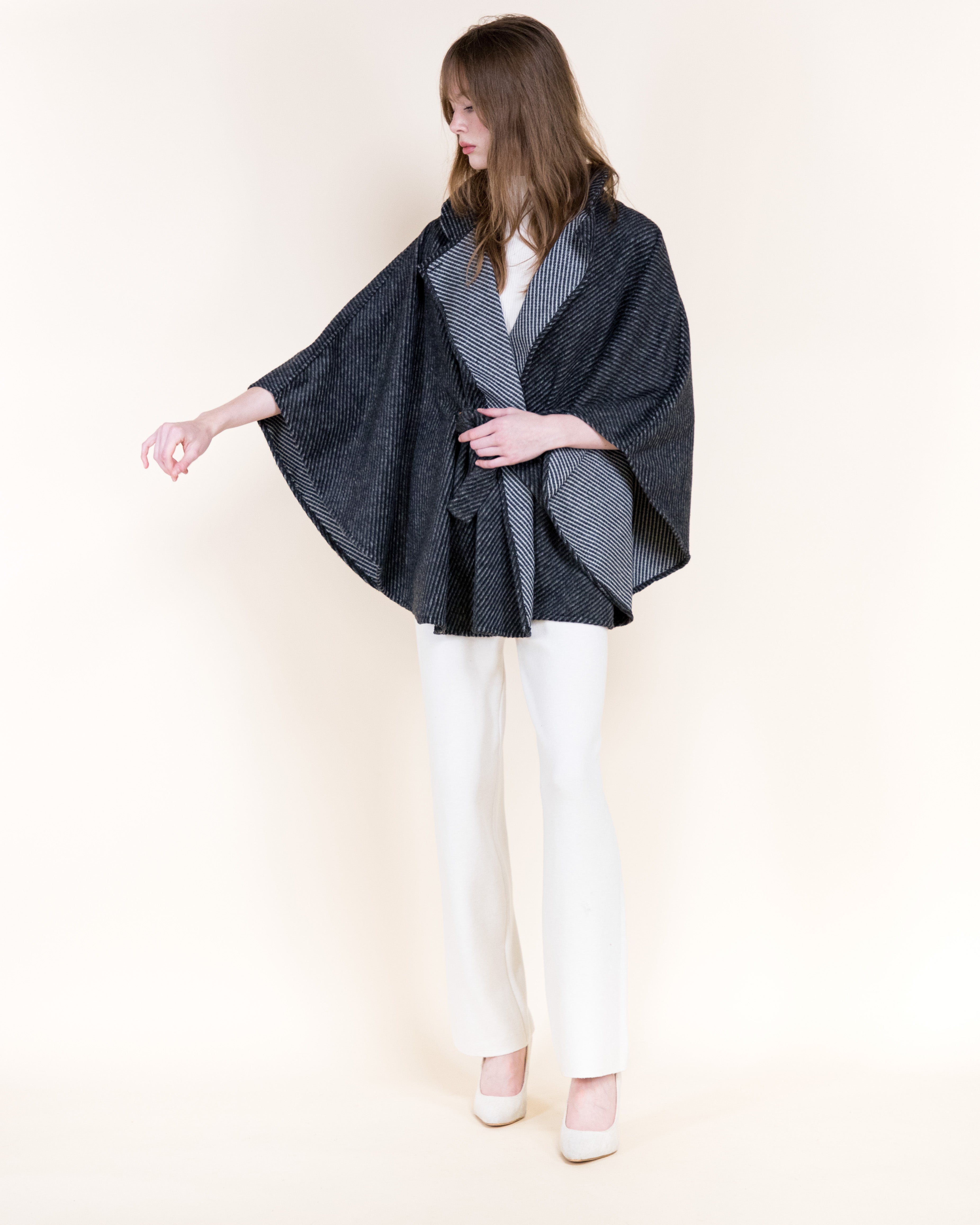 Angular Pinstripe Funnel Neck Belted Cape - BLACK (OS) (Pack of 6)