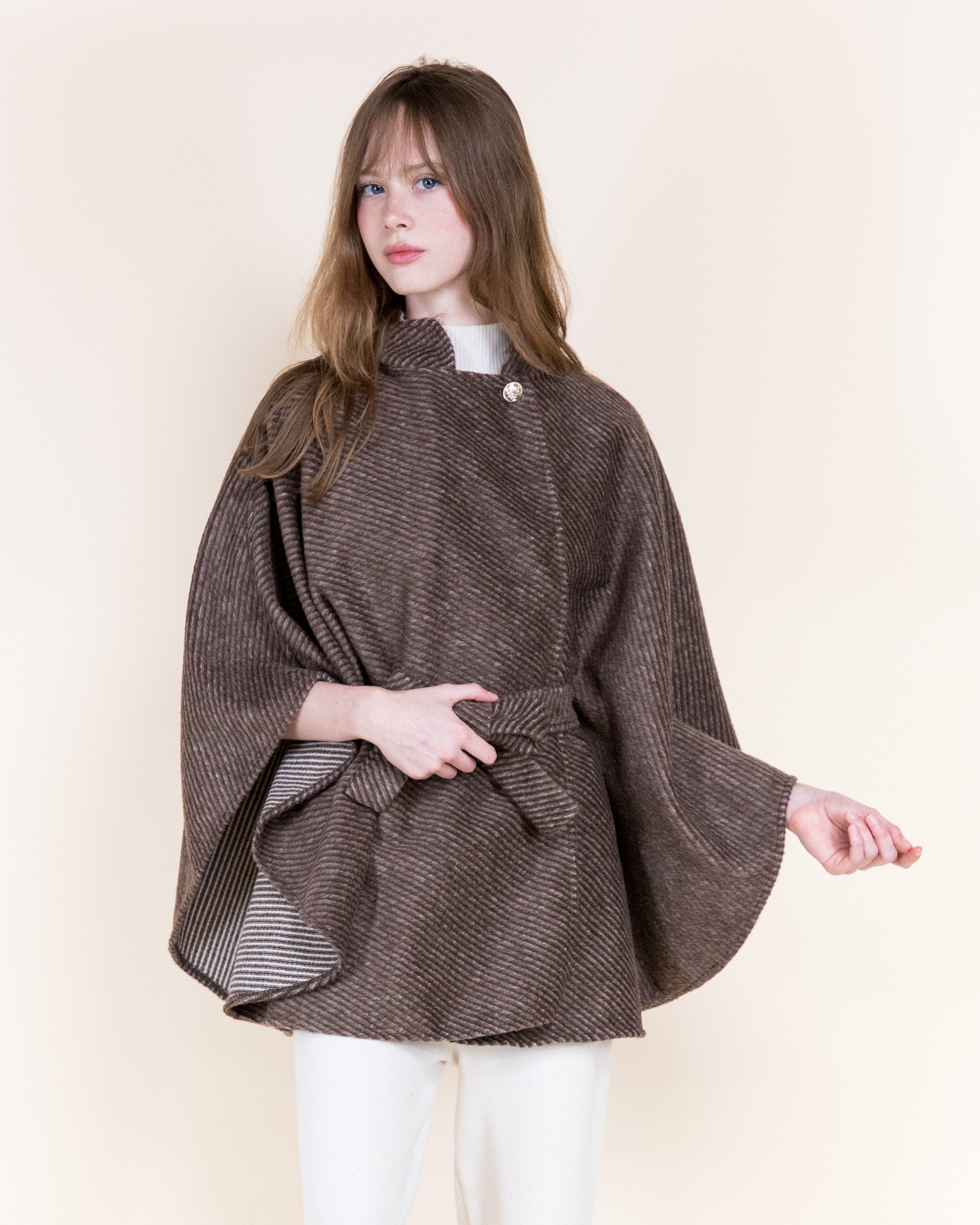 Angular Pinstripe Funnel Neck Belted Cape - BLACK (OS) (Pack of 6)