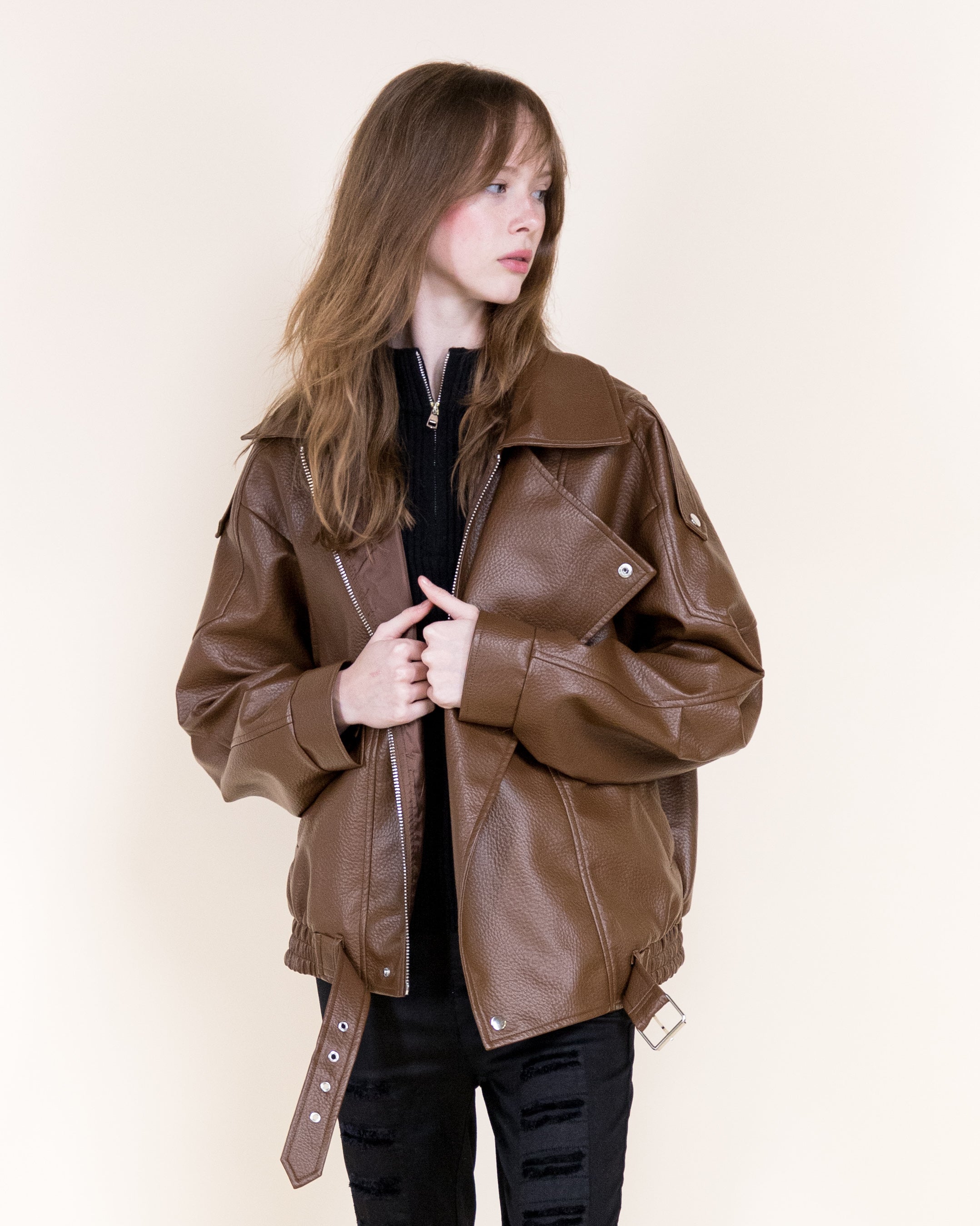Femme Vegan Leather Zip-Up Moto Jacket- BLACK (S/M, L/XL) (Pack of 6)
