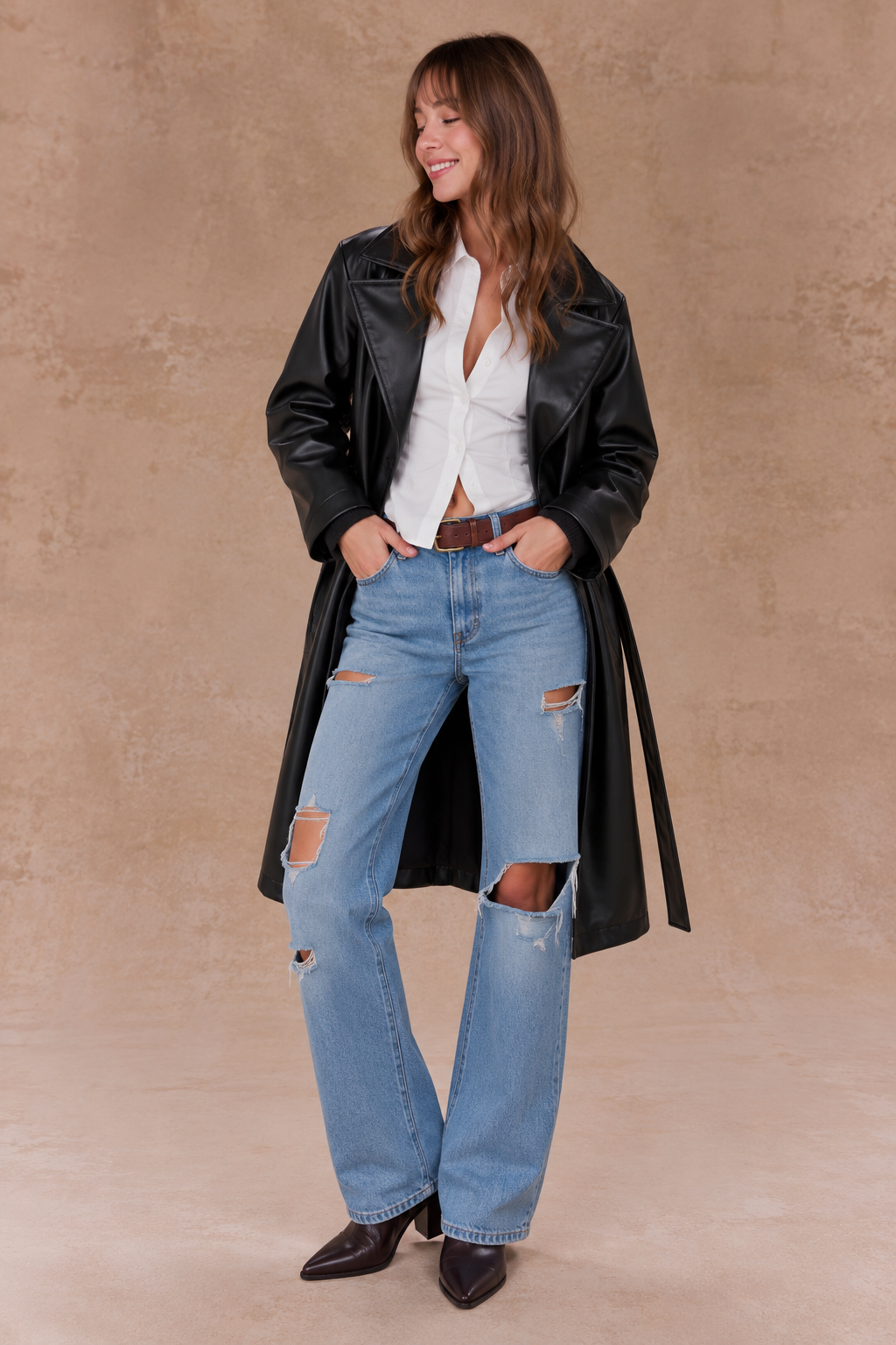 Femme Vegan Leather Notch Lapel Trench Coat- BLACK (S/M, L/XL) (Pack of 6)