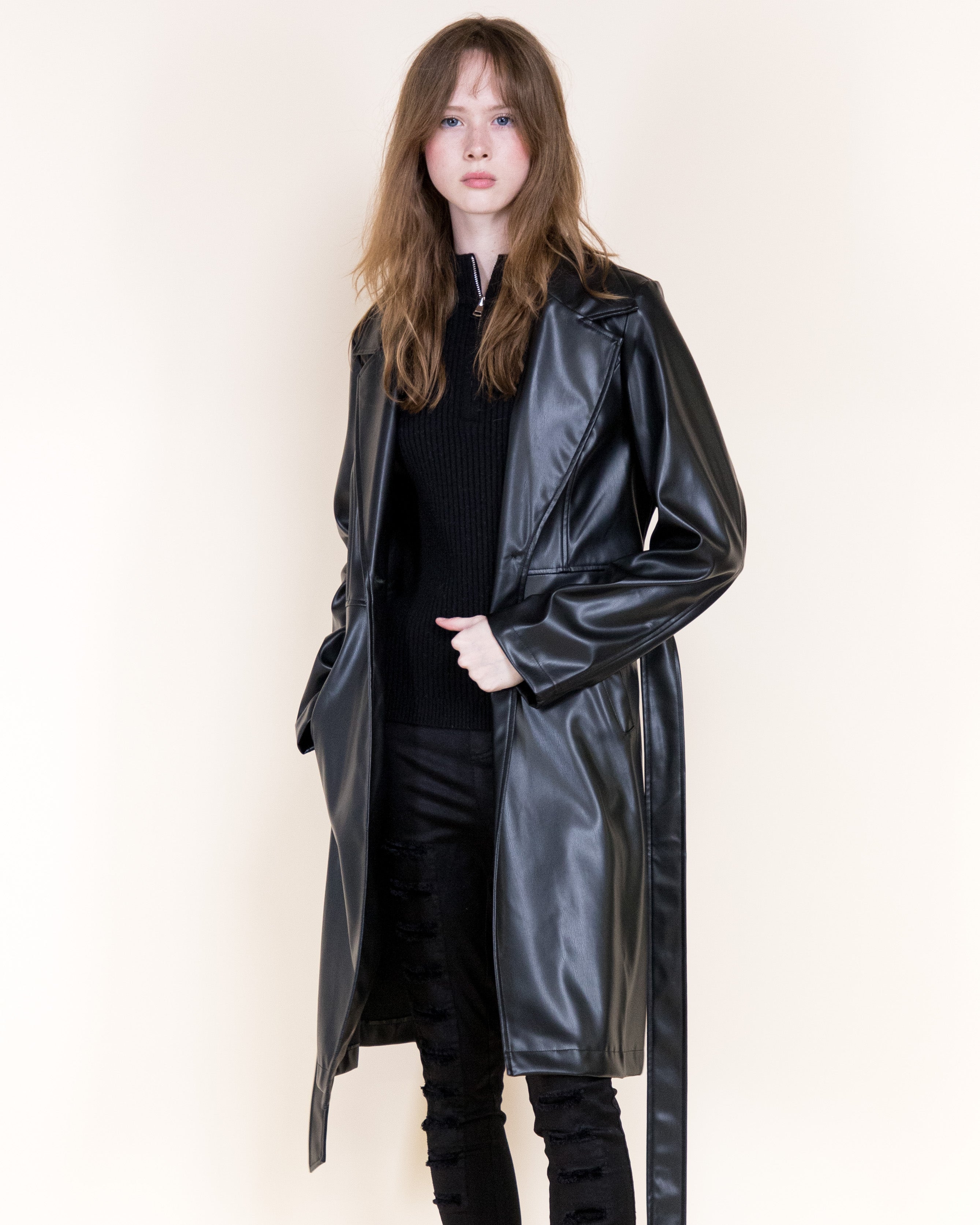 Femme Vegan Leather Notch Lapel Trench Coat- BLACK (S/M, L/XL) (Pack of 6)