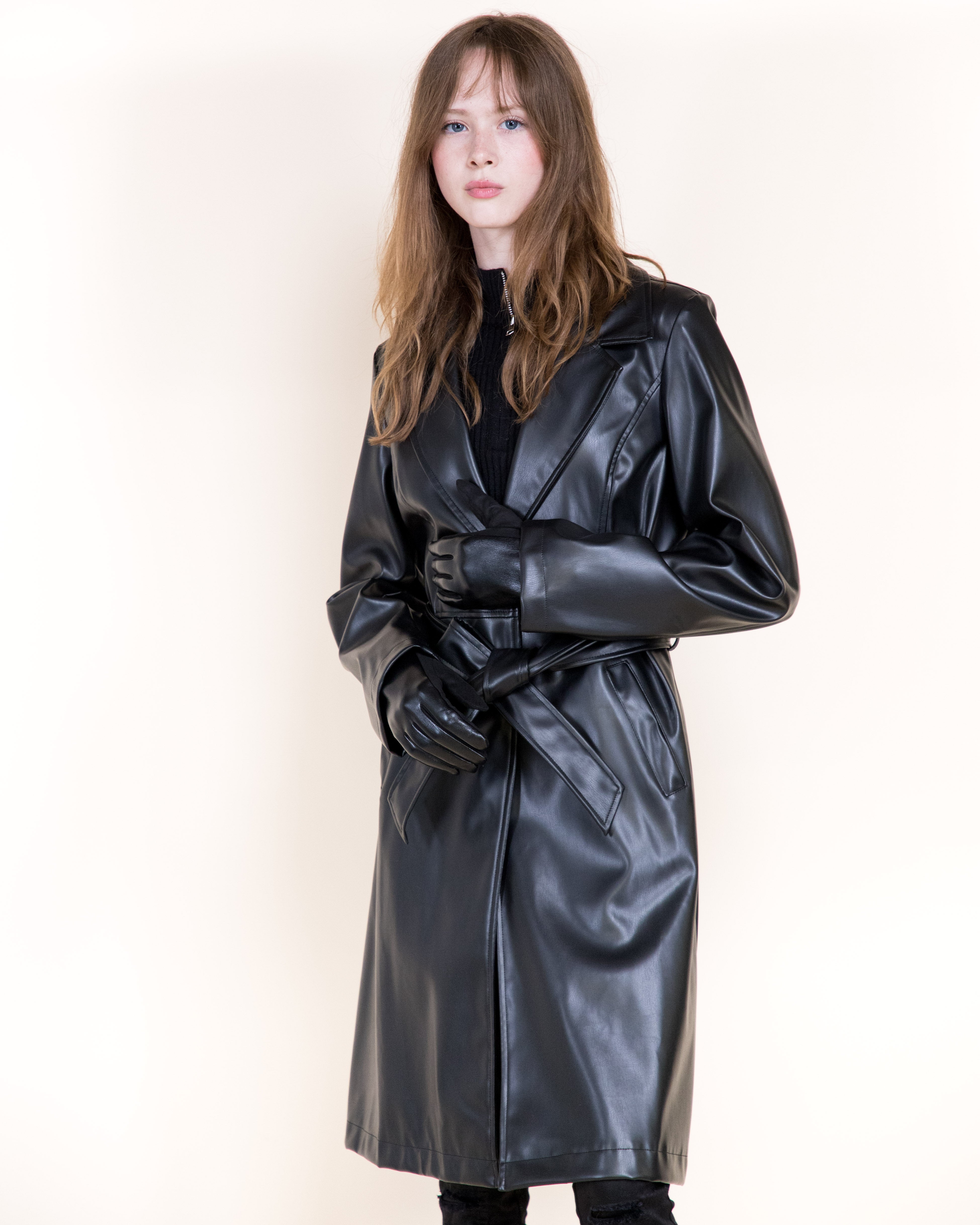 Femme Vegan Leather Notch Lapel Trench Coat- BLACK (S/M, L/XL) (Pack of 6)