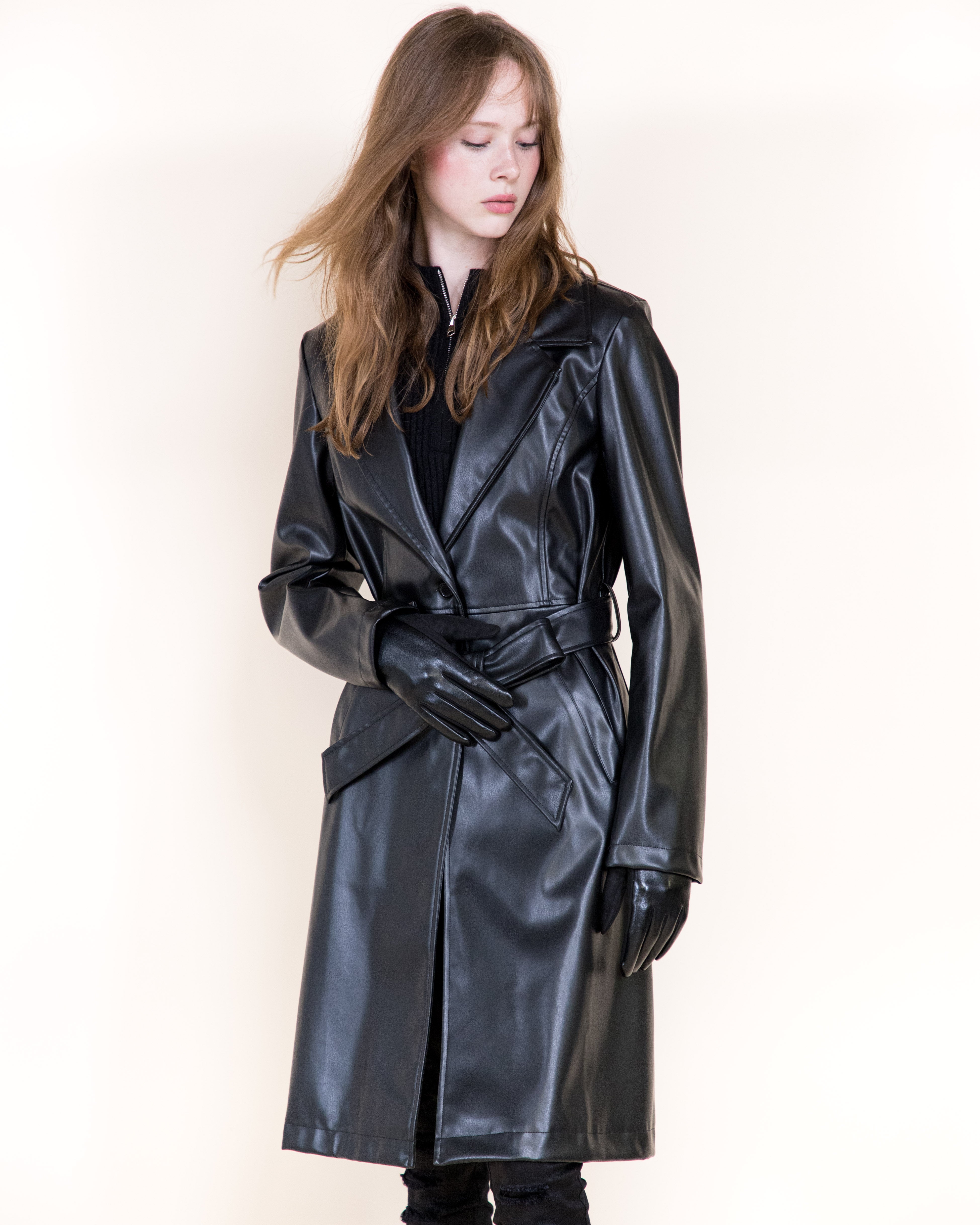 Femme Vegan Leather Notch Lapel Trench Coat- BLACK (S/M, L/XL) (Pack of 6)