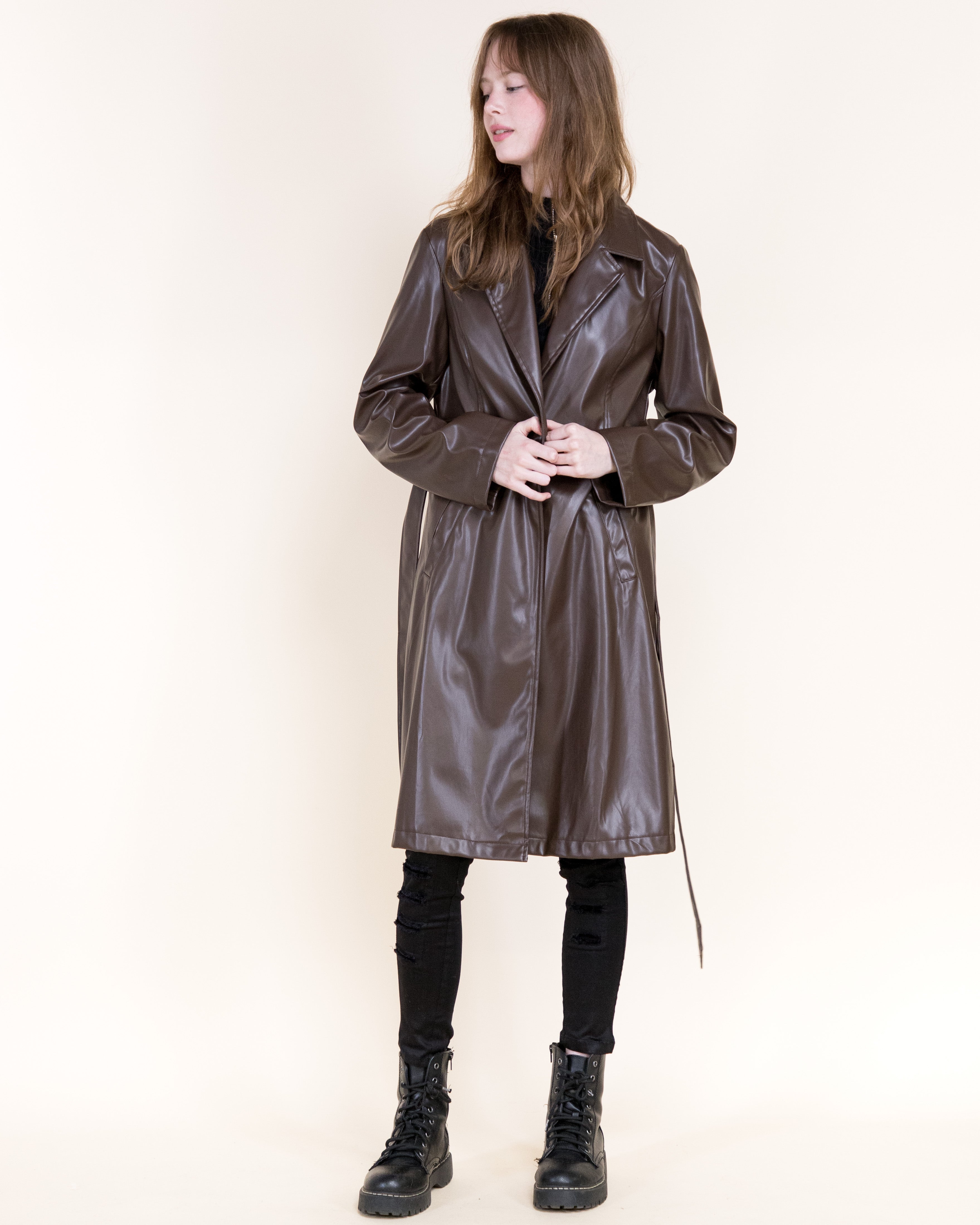 Femme Vegan Leather Notch Lapel Trench Coat- BLACK (S/M, L/XL) (Pack of 6)