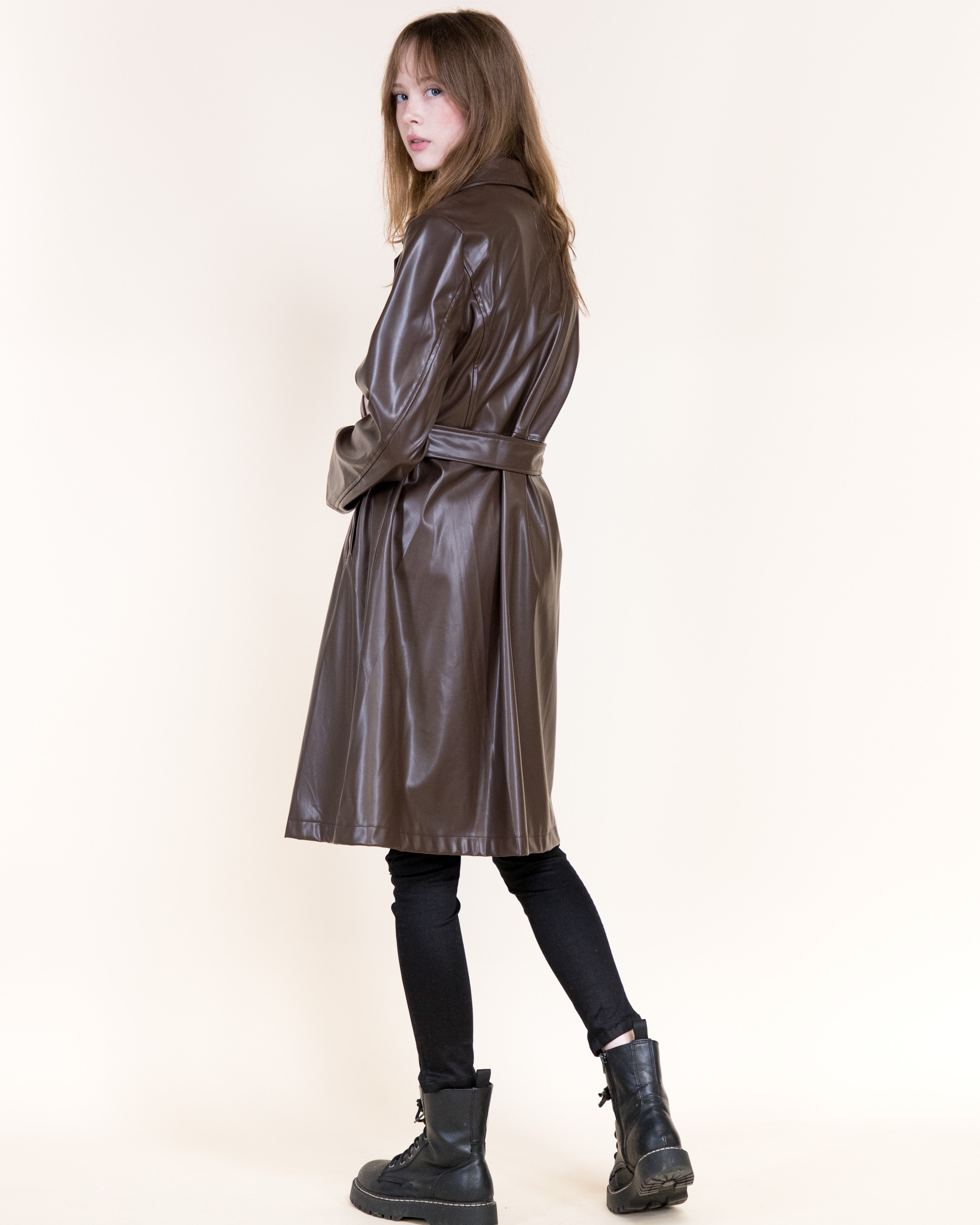 Femme Vegan Leather Notch Lapel Trench Coat- BLACK (S/M, L/XL) (Pack of 6)