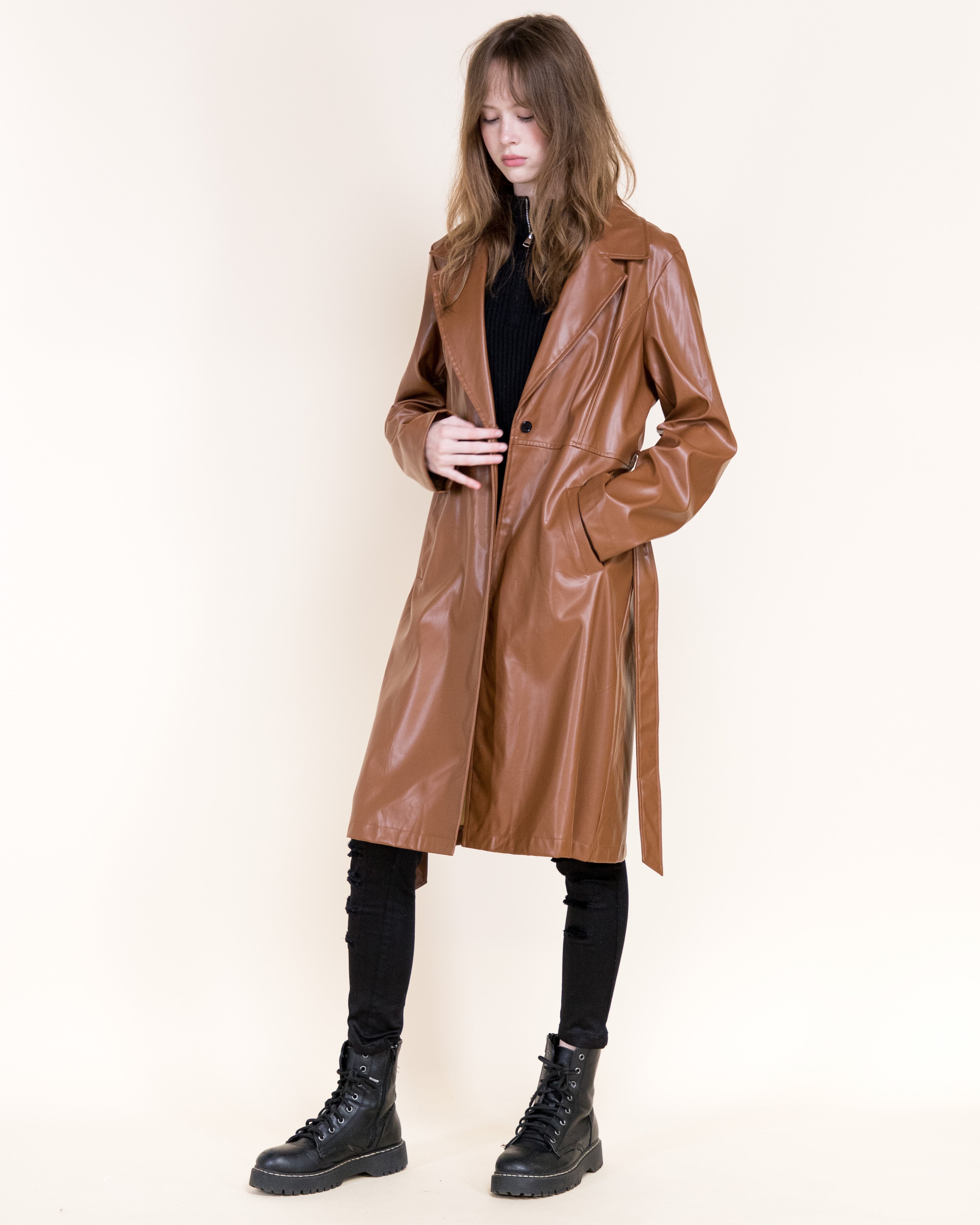 Femme Vegan Leather Notch Lapel Trench Coat- BLACK (S/M, L/XL) (Pack of 6)