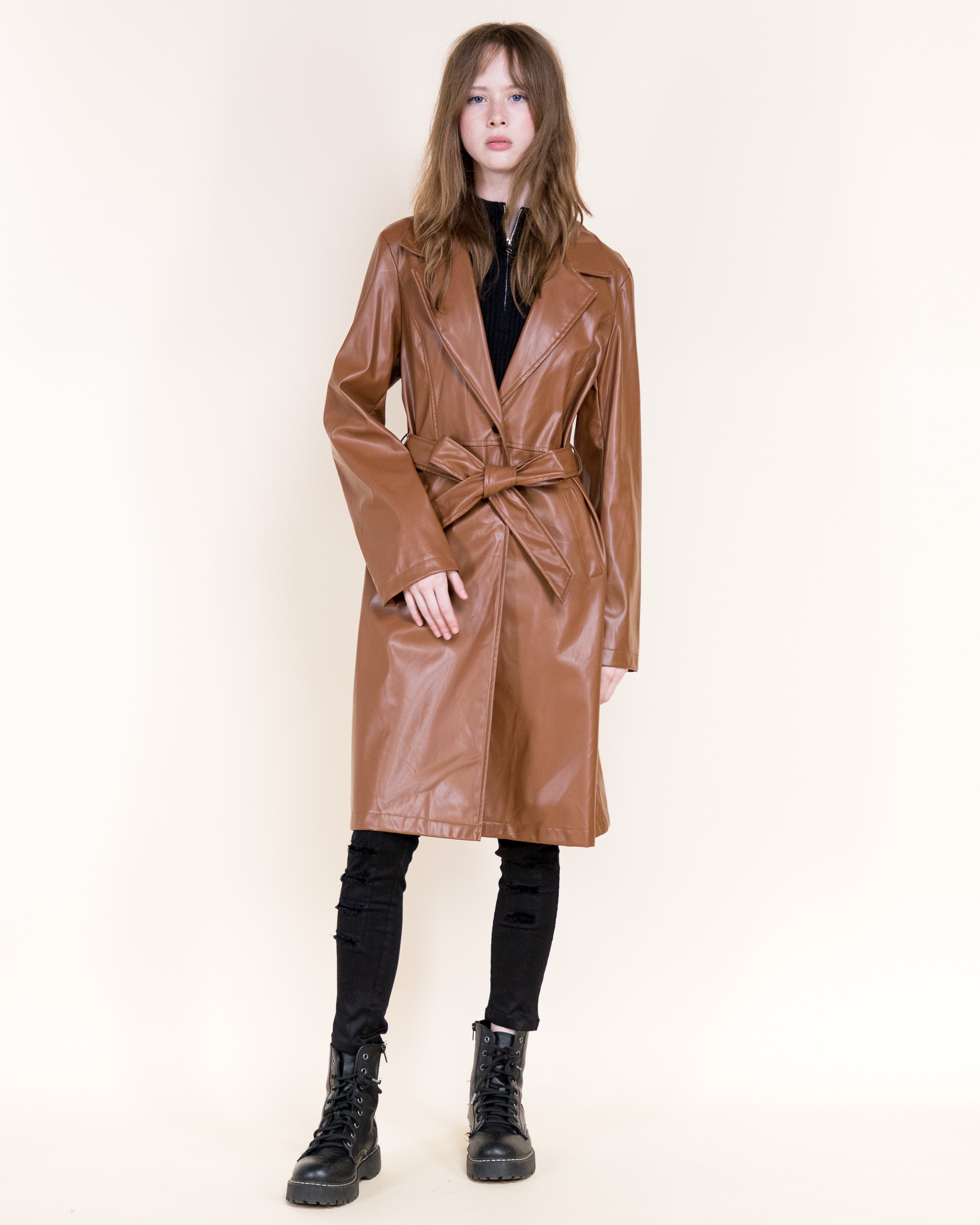 Femme Vegan Leather Notch Lapel Trench Coat- BLACK (S/M, L/XL) (Pack of 6)