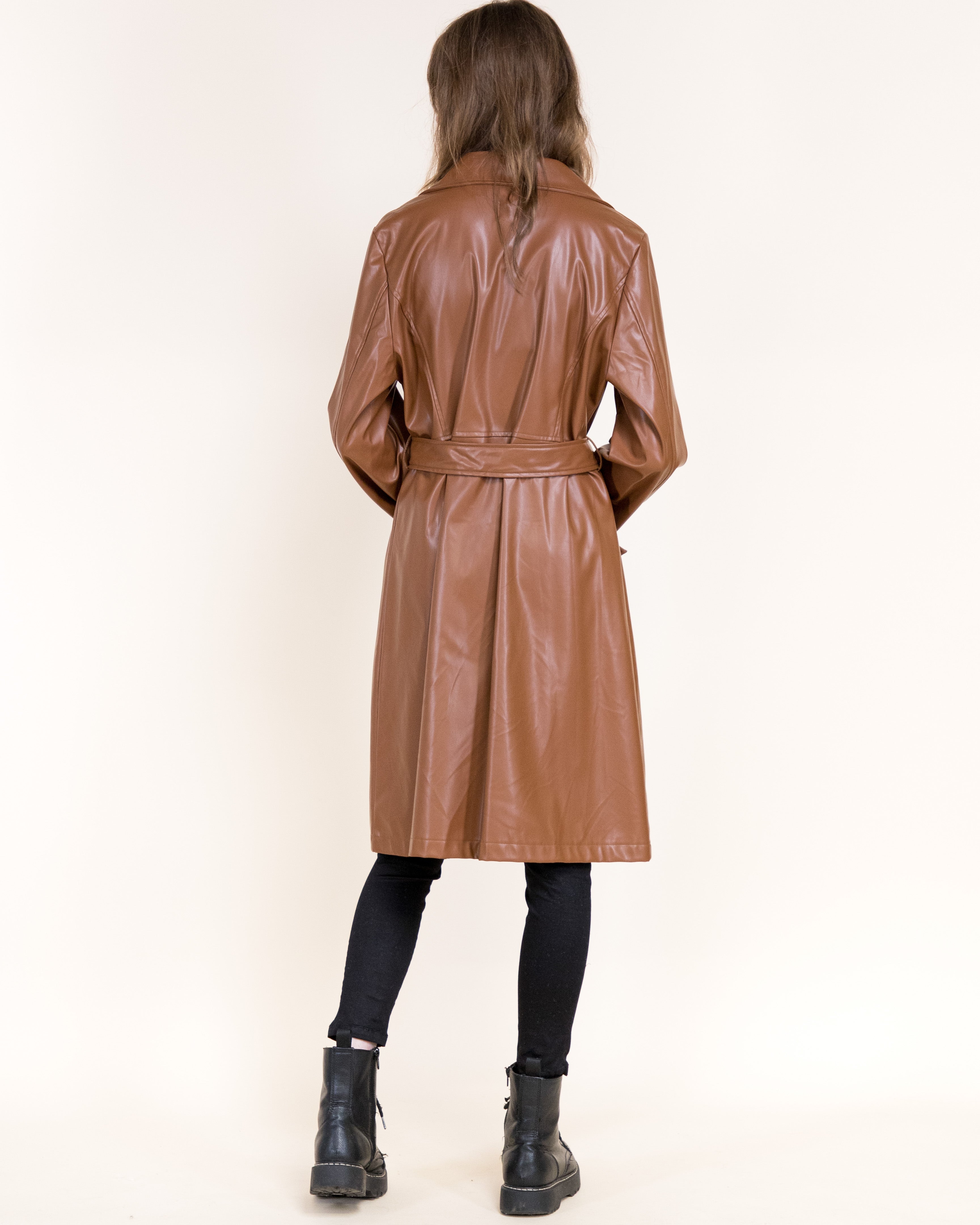 Femme Vegan Leather Notch Lapel Trench Coat- BLACK (S/M, L/XL) (Pack of 6)