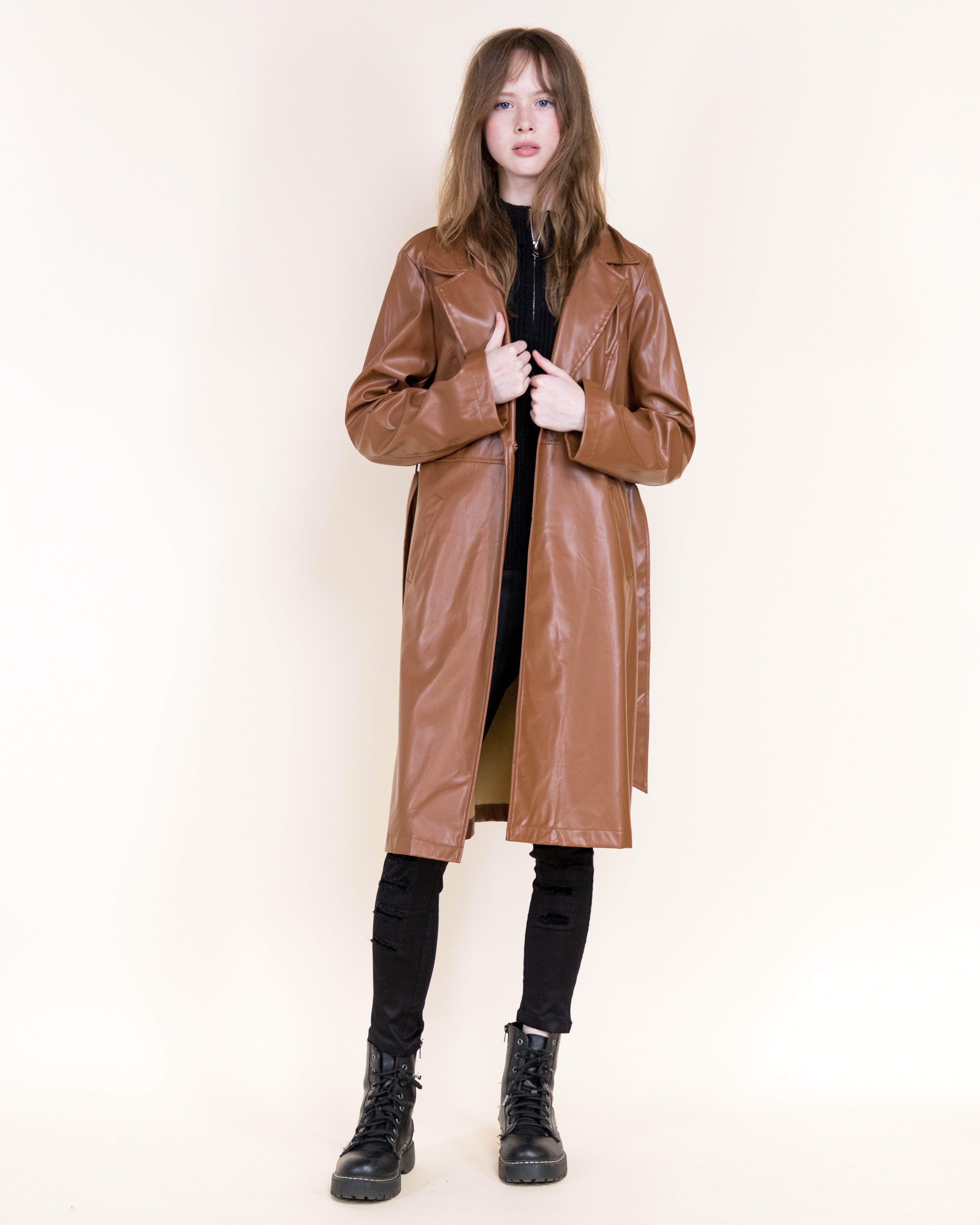 Femme Vegan Leather Notch Lapel Trench Coat- BLACK (S/M, L/XL) (Pack of 6)