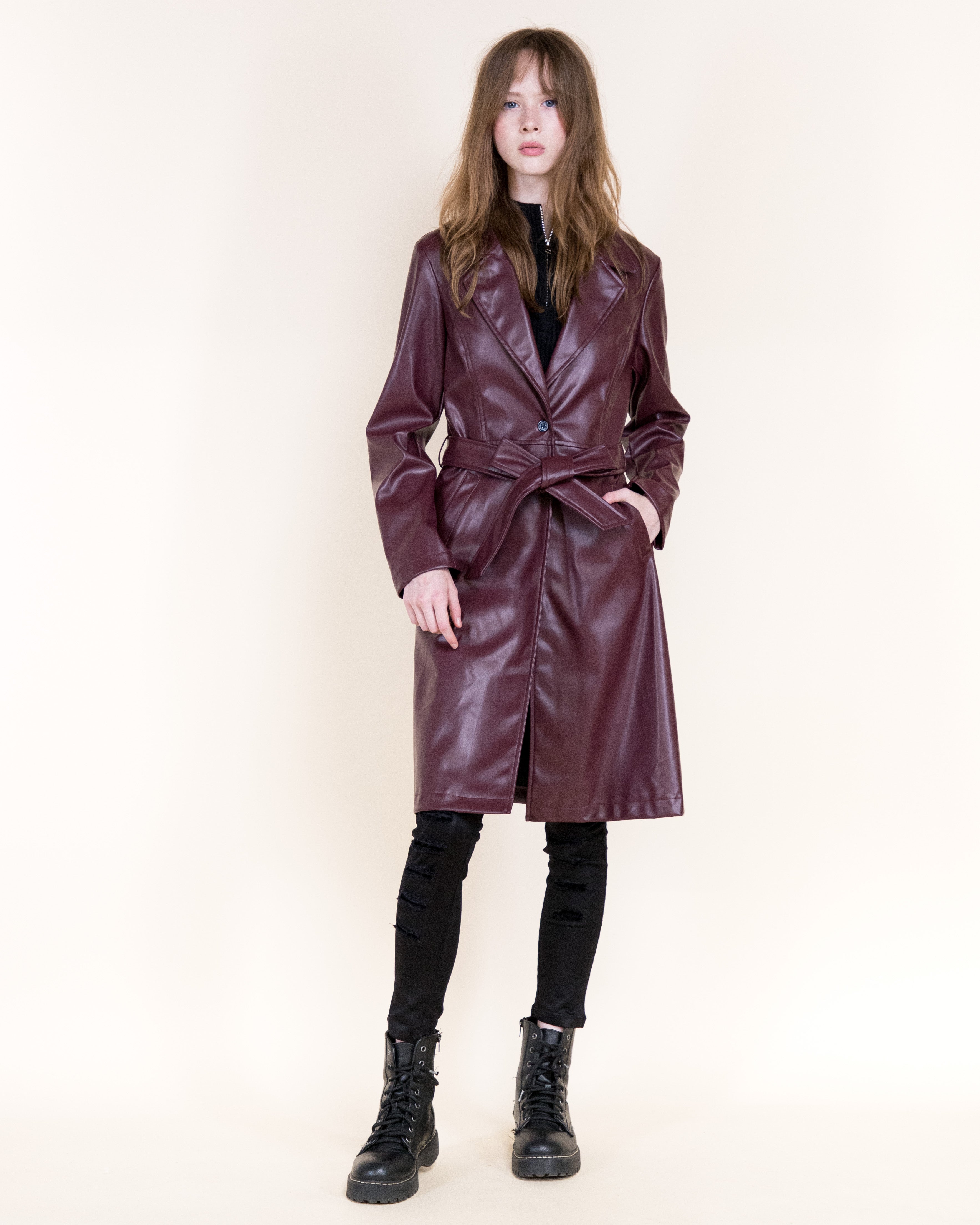 Femme Vegan Leather Notch Lapel Trench Coat- BLACK (S/M, L/XL) (Pack of 6)