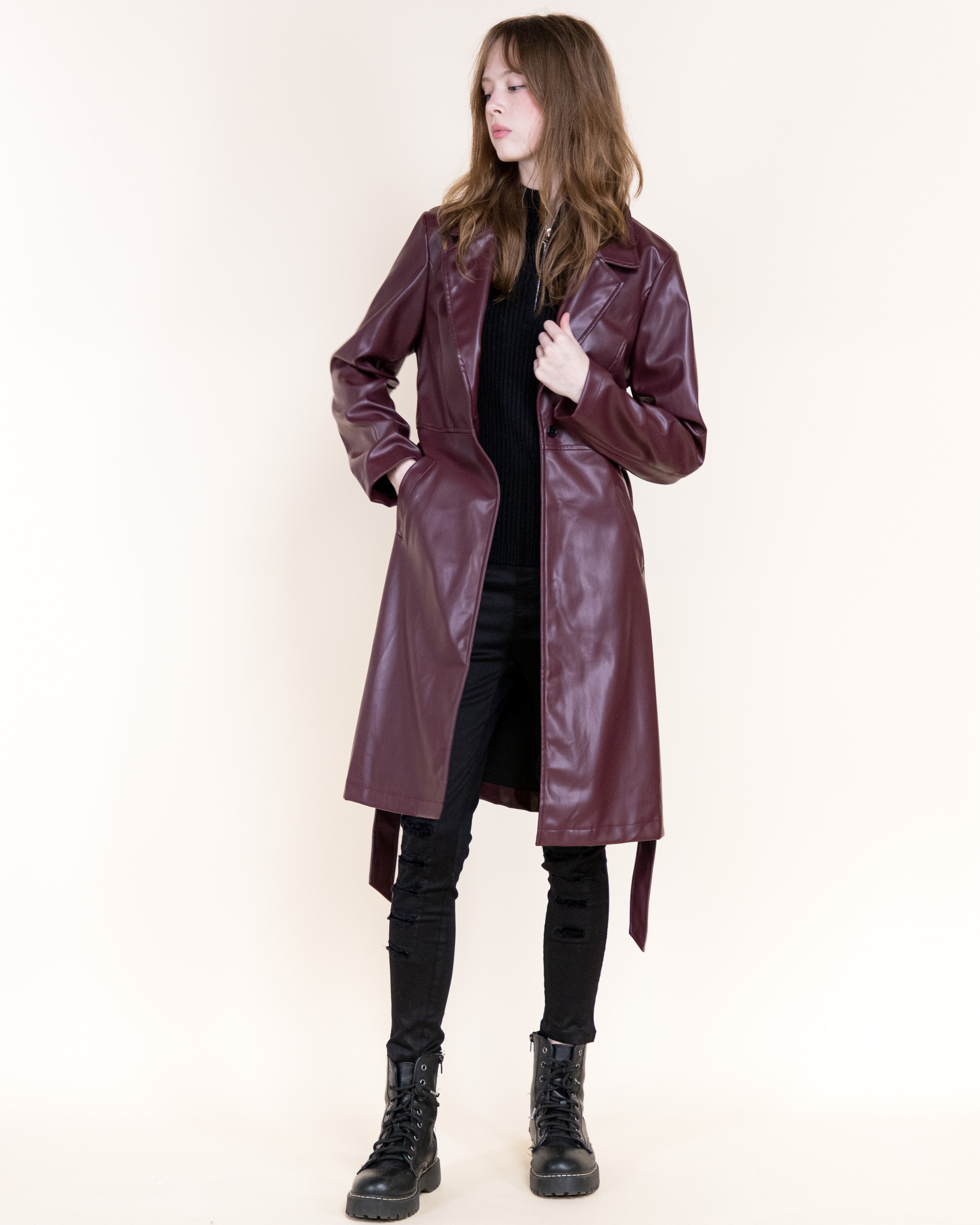 Femme Vegan Leather Notch Lapel Trench Coat- BLACK (S/M, L/XL) (Pack of 6)