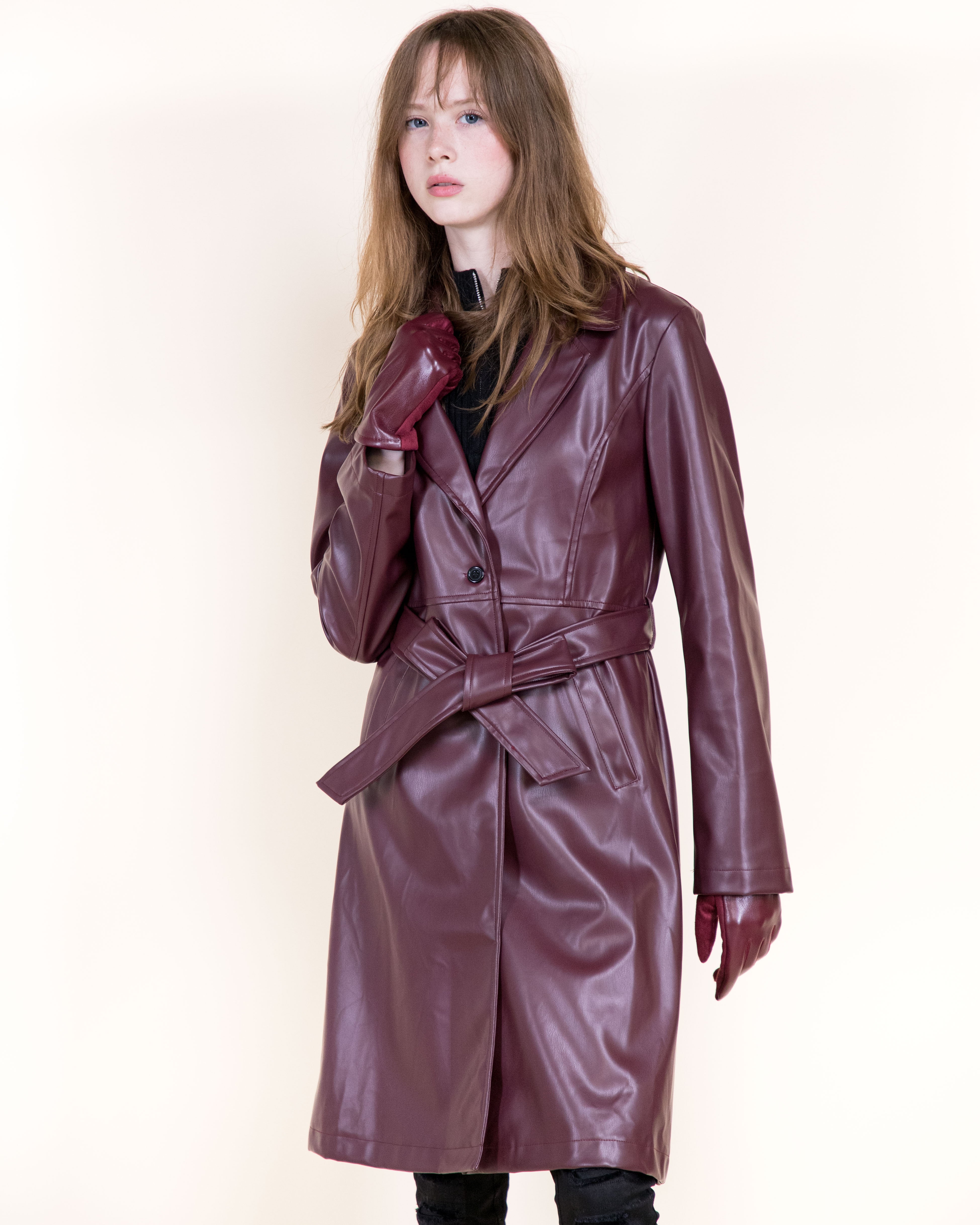Femme Vegan Leather Notch Lapel Trench Coat- BLACK (S/M, L/XL) (Pack of 6)
