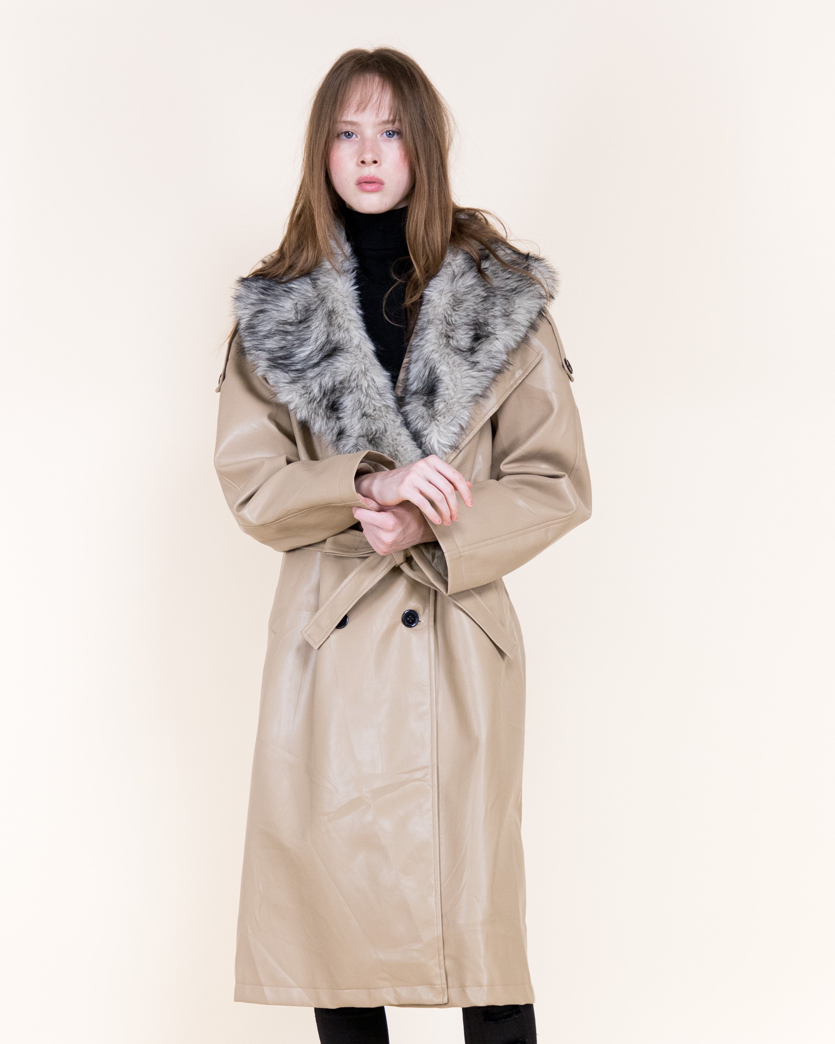 Femme Vegan Leather Fur Shawl Collar Trench Coat- BLACK (S/M, L/XL) (Pack of 6)
