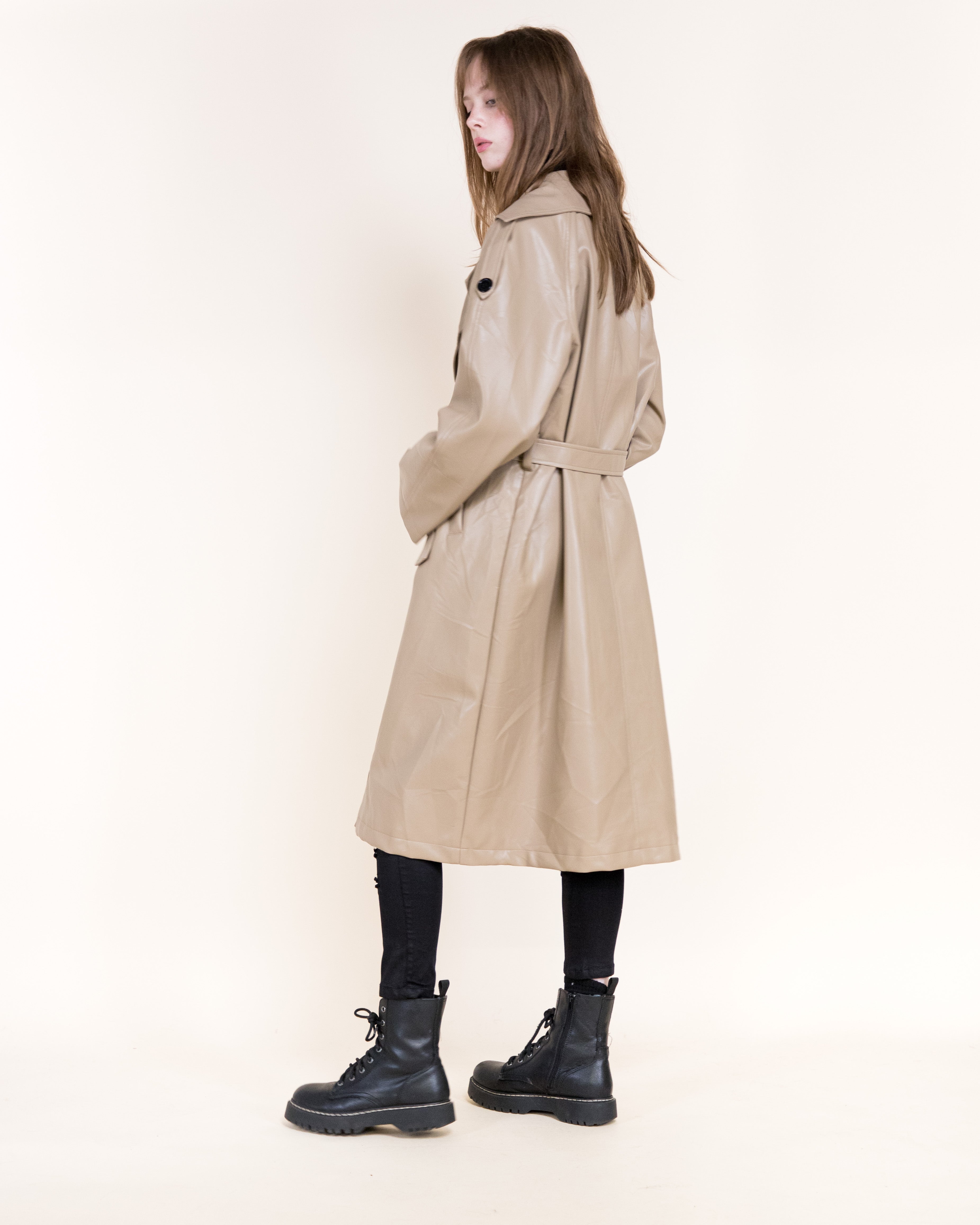 Femme Vegan Leather Fur Shawl Collar Trench Coat- BLACK (S/M, L/XL) (Pack of 6)