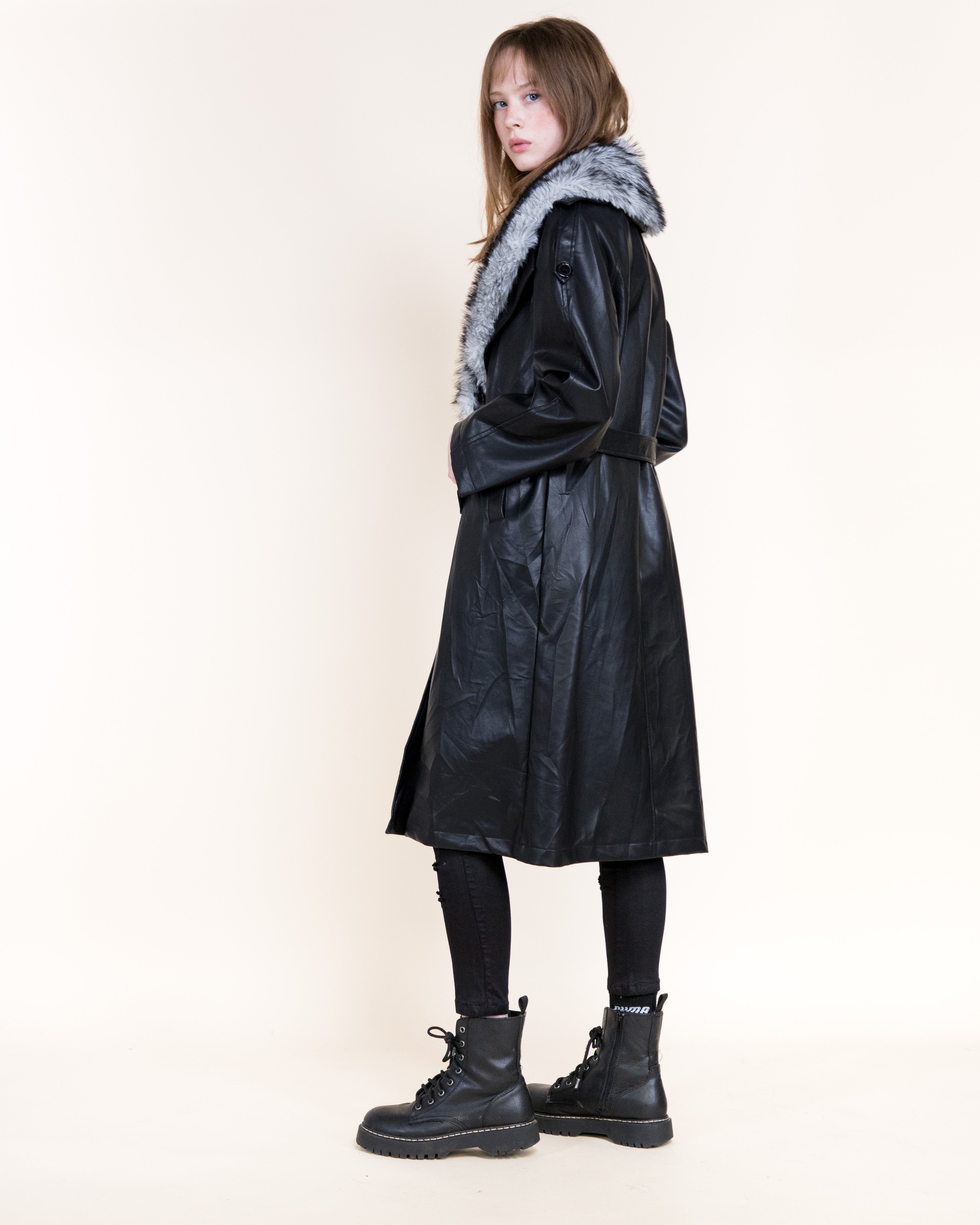 Femme Vegan Leather Fur Shawl Collar Trench Coat- BLACK (S/M, L/XL) (Pack of 6)