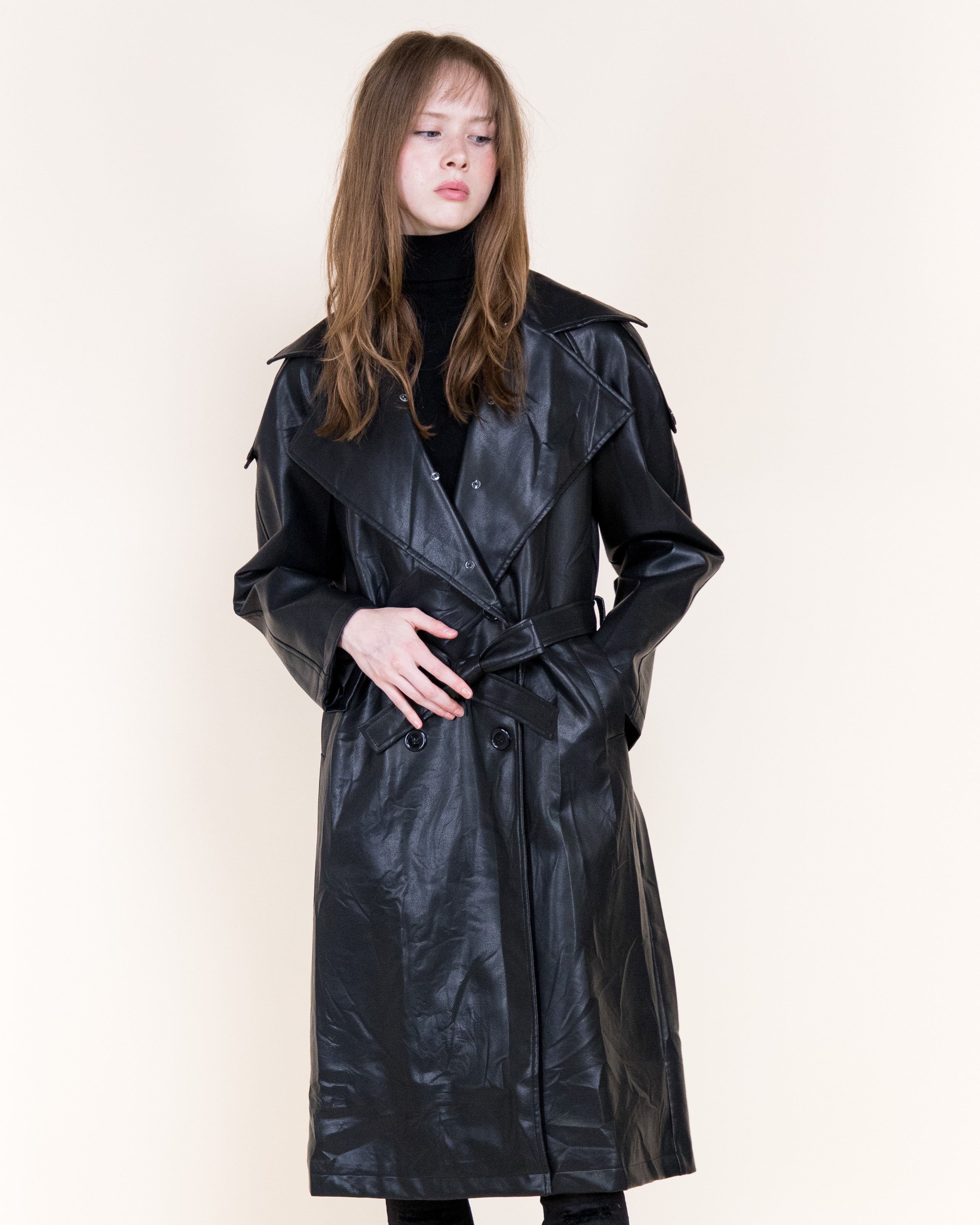 Femme Vegan Leather Fur Shawl Collar Trench Coat- BLACK (S/M, L/XL) (Pack of 6)