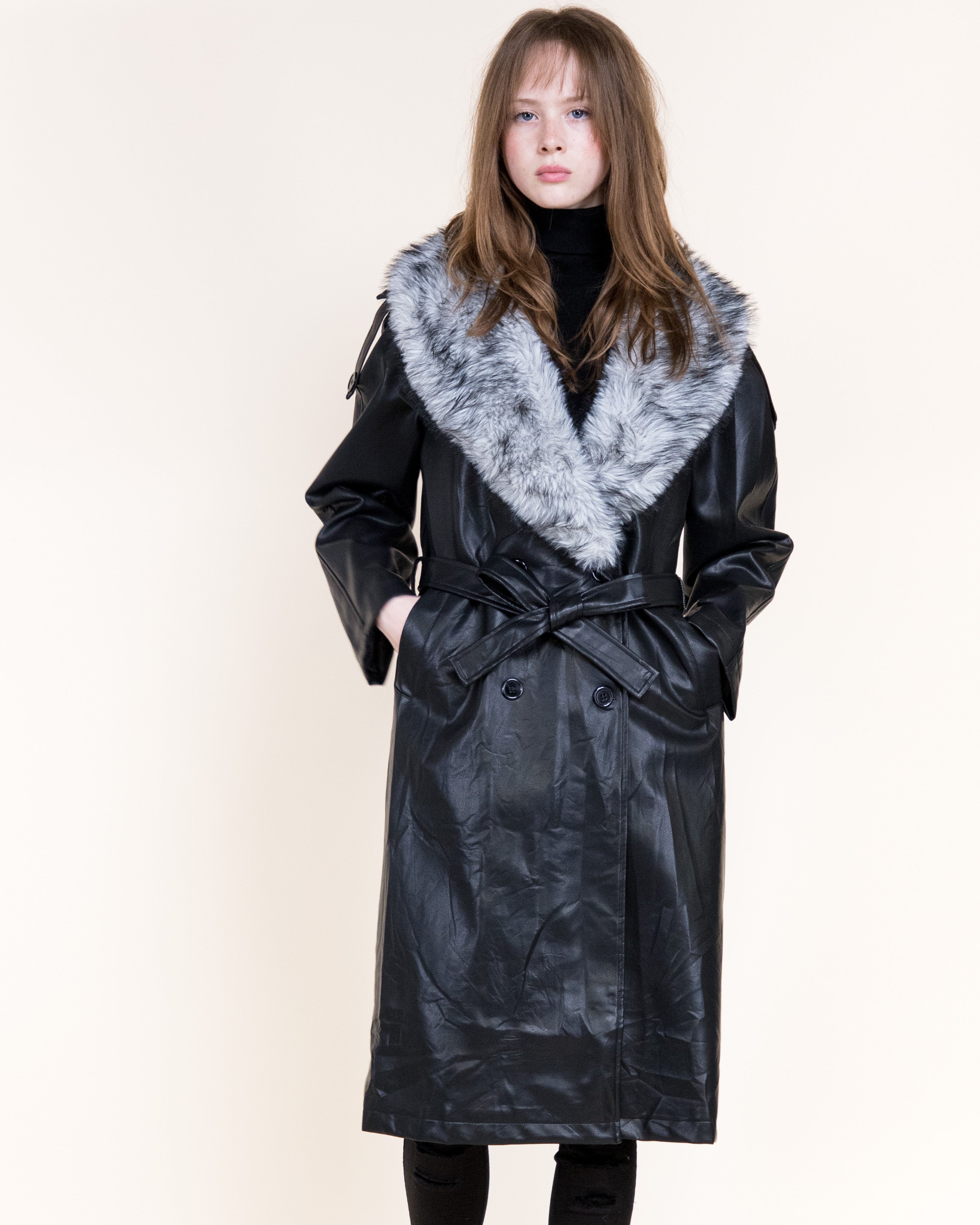 Femme Vegan Leather Fur Shawl Collar Trench Coat- BLACK (S/M, L/XL) (Pack of 6)