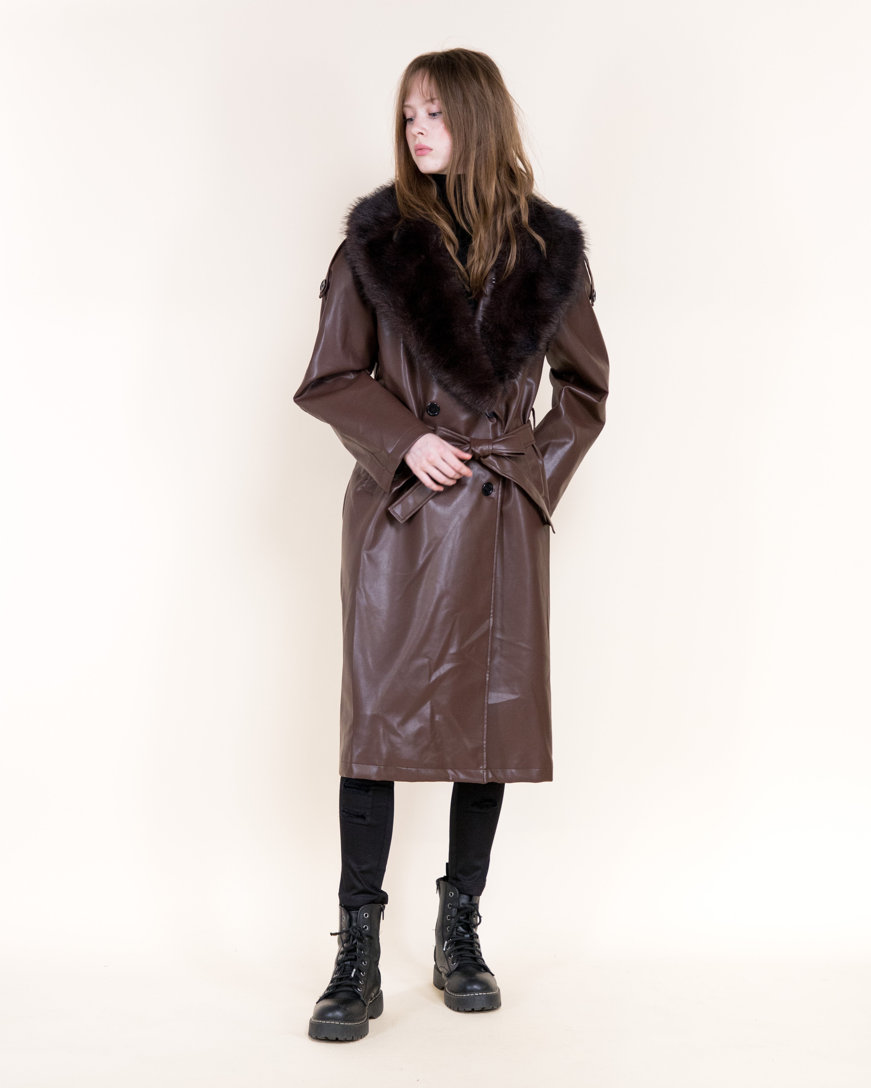 Femme Vegan Leather Fur Shawl Collar Trench Coat- BLACK (S/M, L/XL) (Pack of 6)