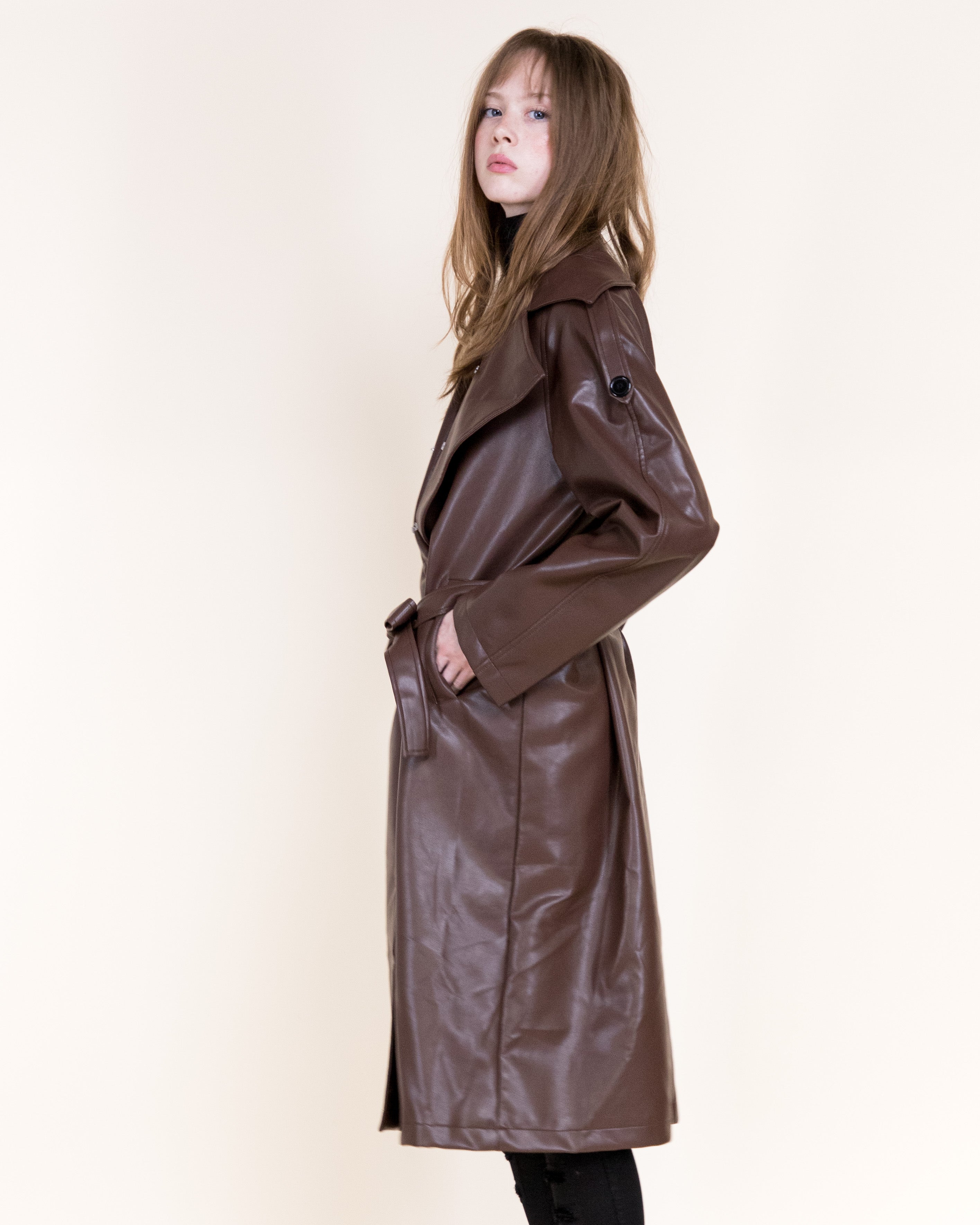 Femme Vegan Leather Fur Shawl Collar Trench Coat- BLACK (S/M, L/XL) (Pack of 6)