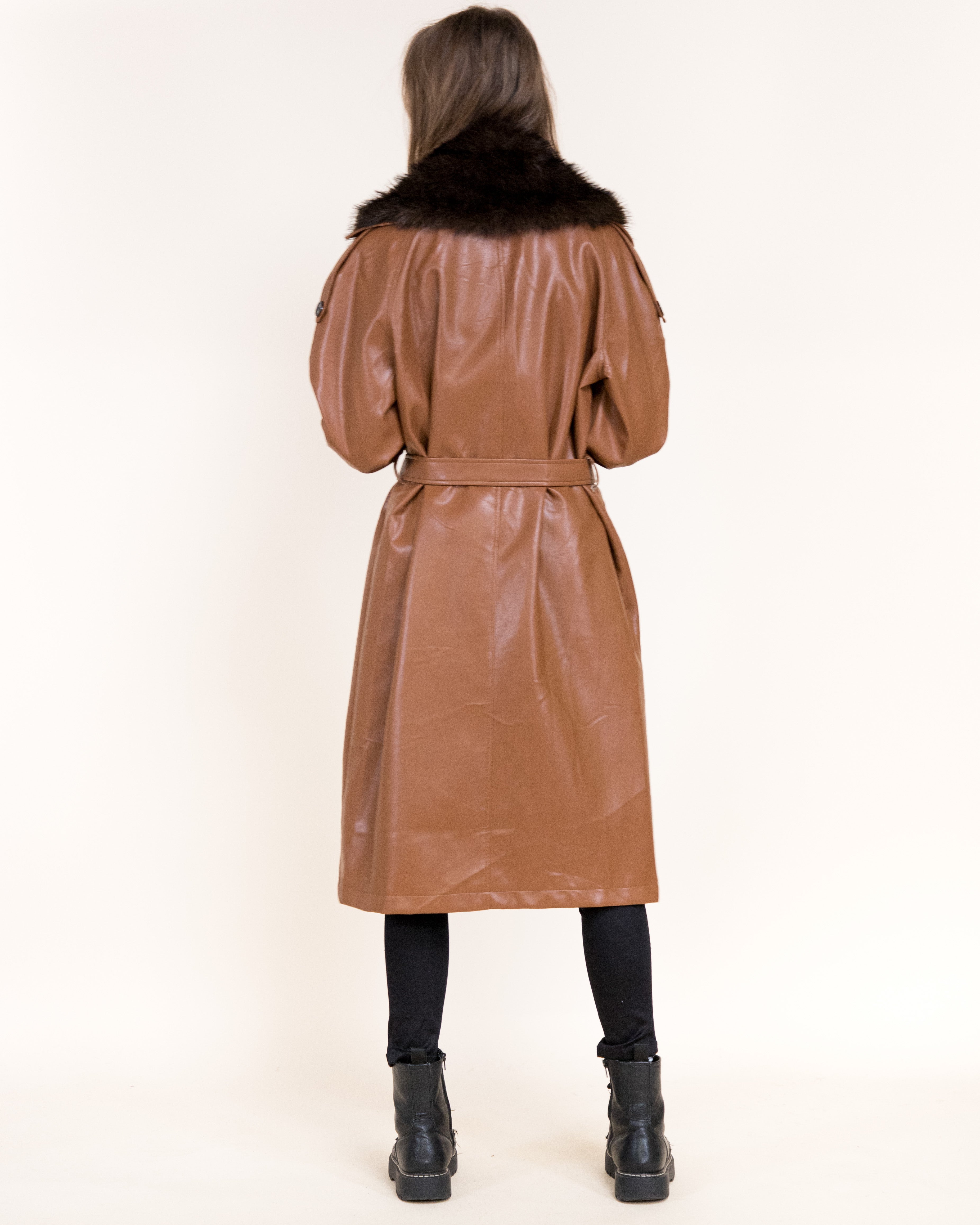 Femme Vegan Leather Fur Shawl Collar Trench Coat- BLACK (S/M, L/XL) (Pack of 6)