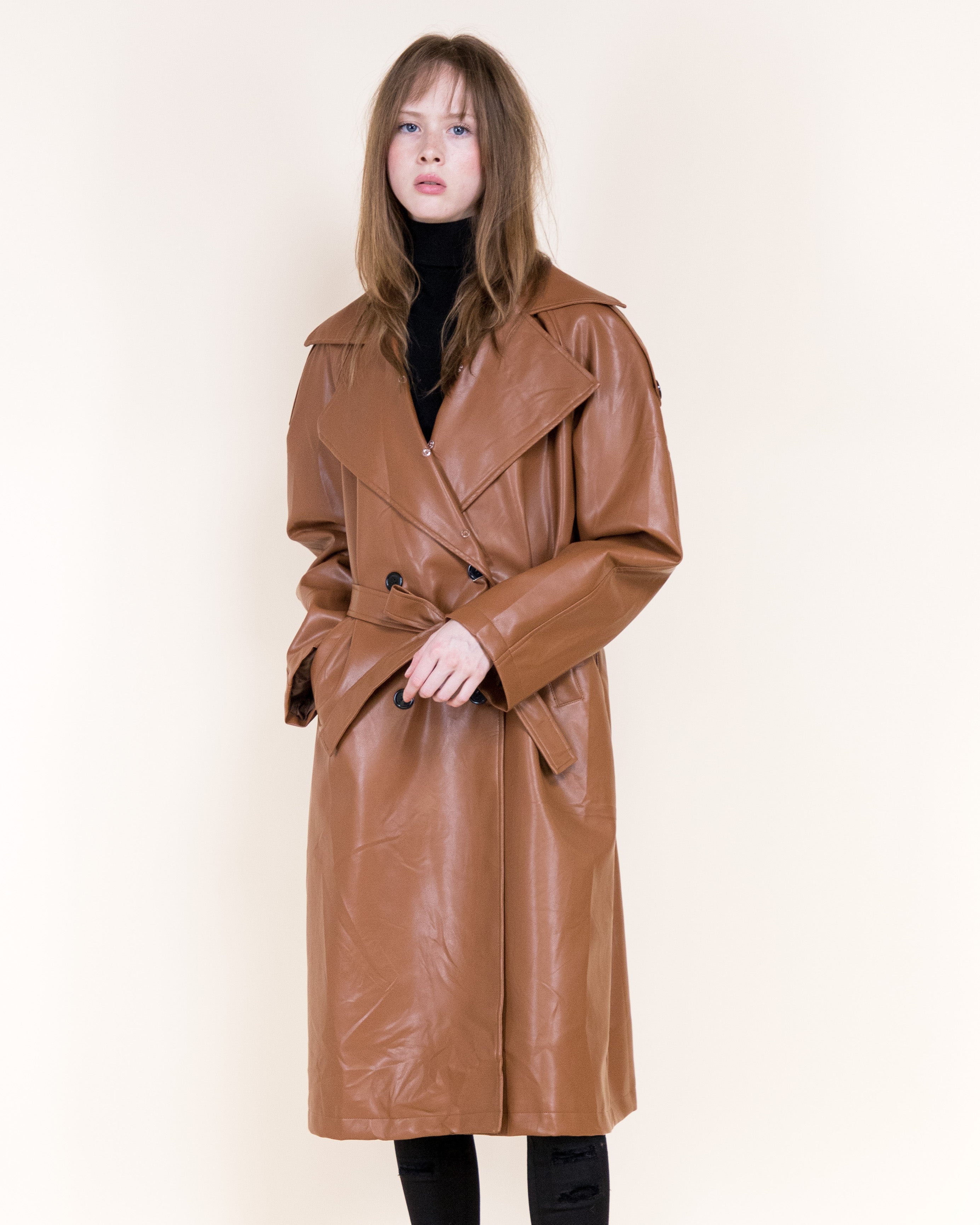 Femme Vegan Leather Fur Shawl Collar Trench Coat- BLACK (S/M, L/XL) (Pack of 6)