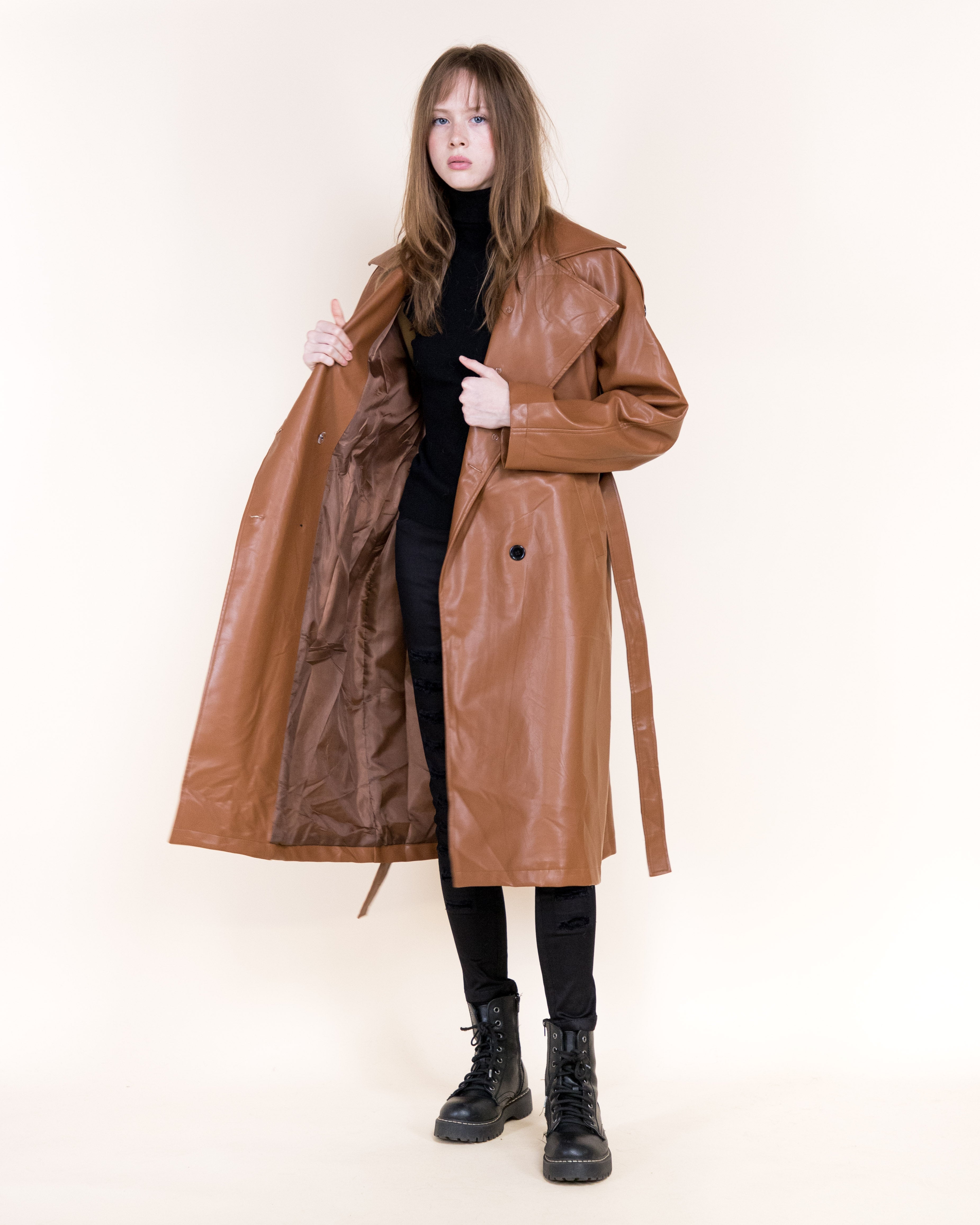 Femme Vegan Leather Fur Shawl Collar Trench Coat- BLACK (S/M, L/XL) (Pack of 6)