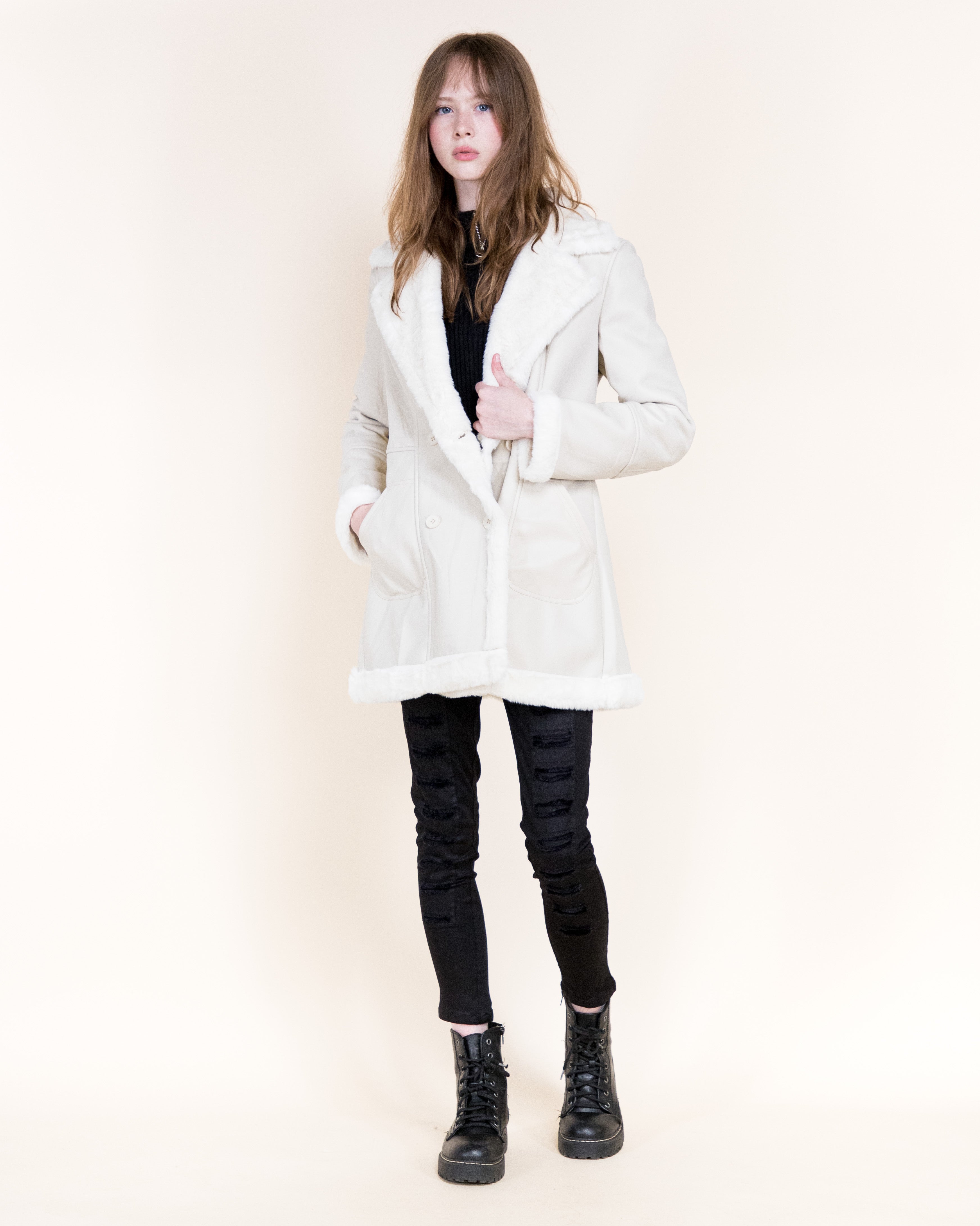 Aviatrice Double Breasted Shearling Vegan Leather Coat- BROWN (S/M, L/XL) (Pack of 6)