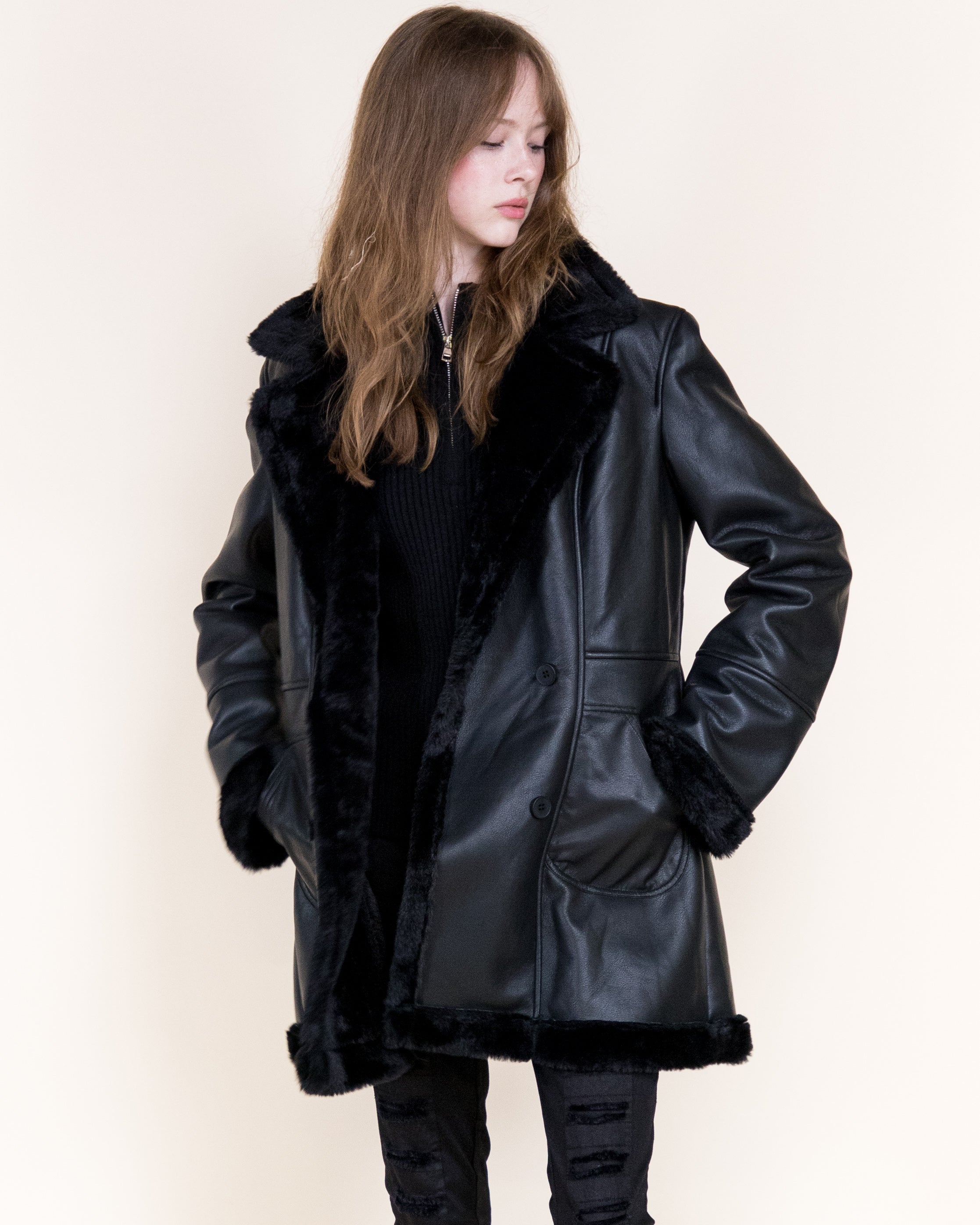 Aviatrice Double Breasted Shearling Vegan Leather Coat- BROWN (S/M, L/XL) (Pack of 6)