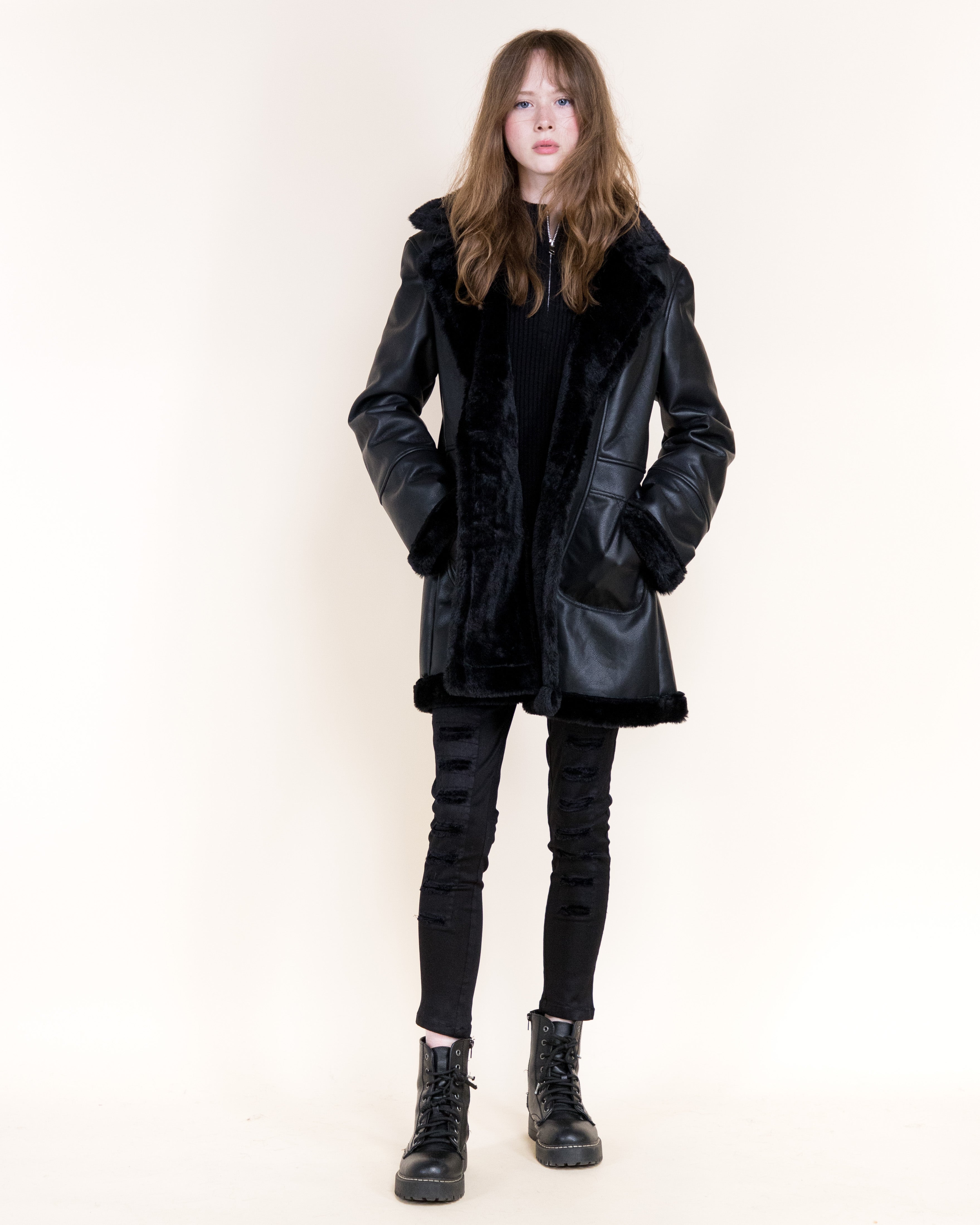 Aviatrice Double Breasted Shearling Vegan Leather Coat- BROWN (S/M, L/XL) (Pack of 6)