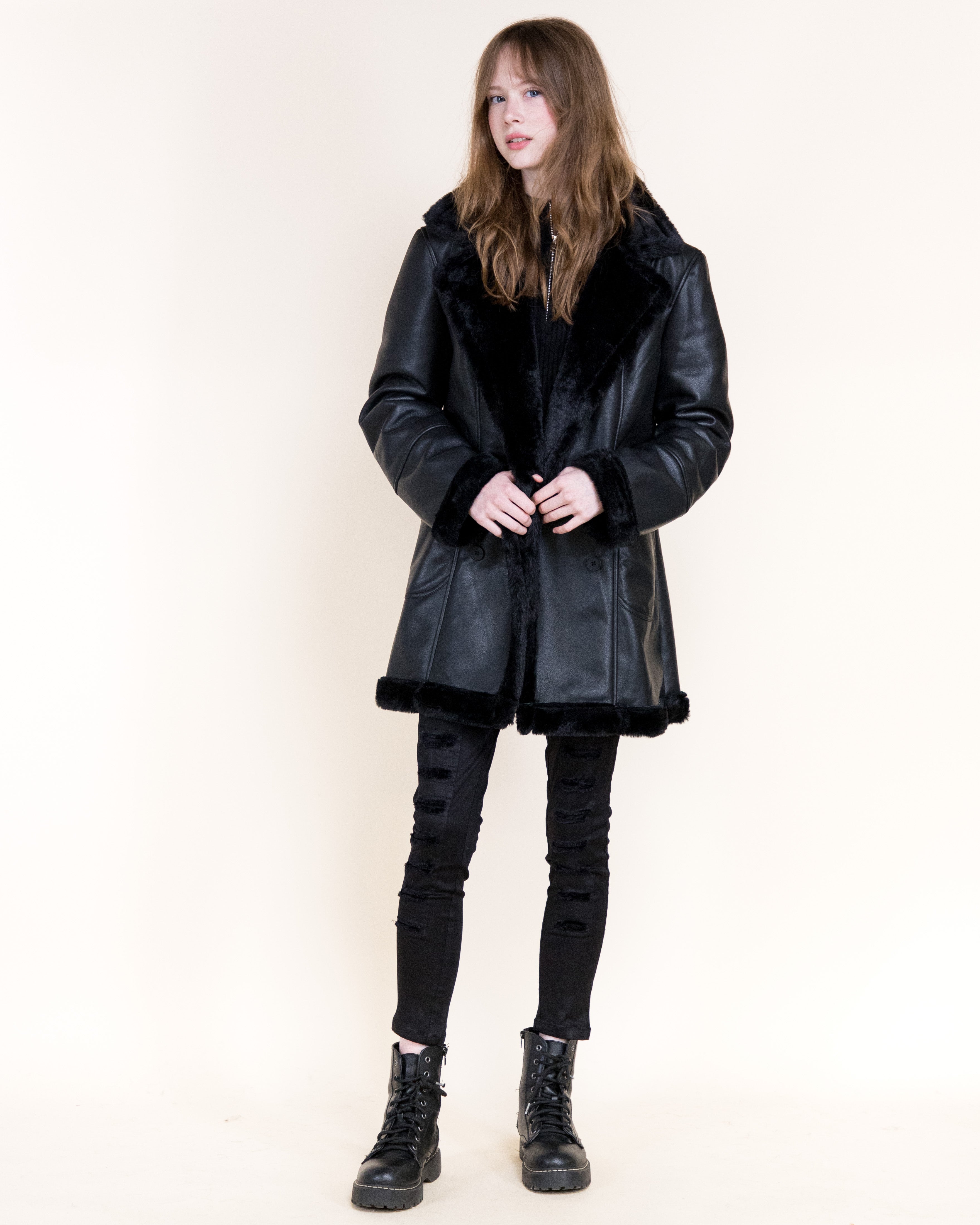 Aviatrice Double Breasted Shearling Vegan Leather Coat- BROWN (S/M, L/XL) (Pack of 6)