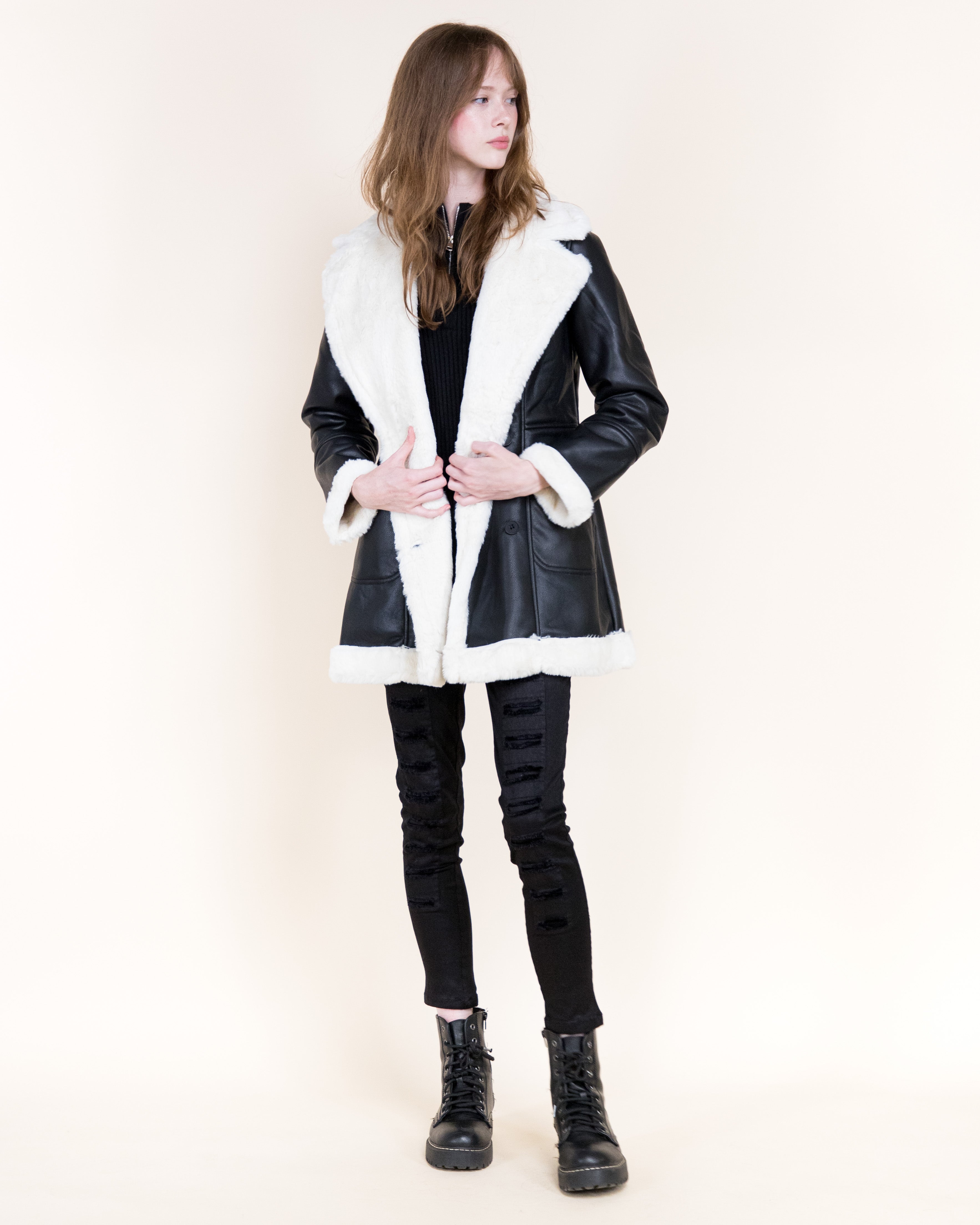 Aviatrice Double Breasted Shearling Vegan Leather Coat- BROWN (S/M, L/XL) (Pack of 6)
