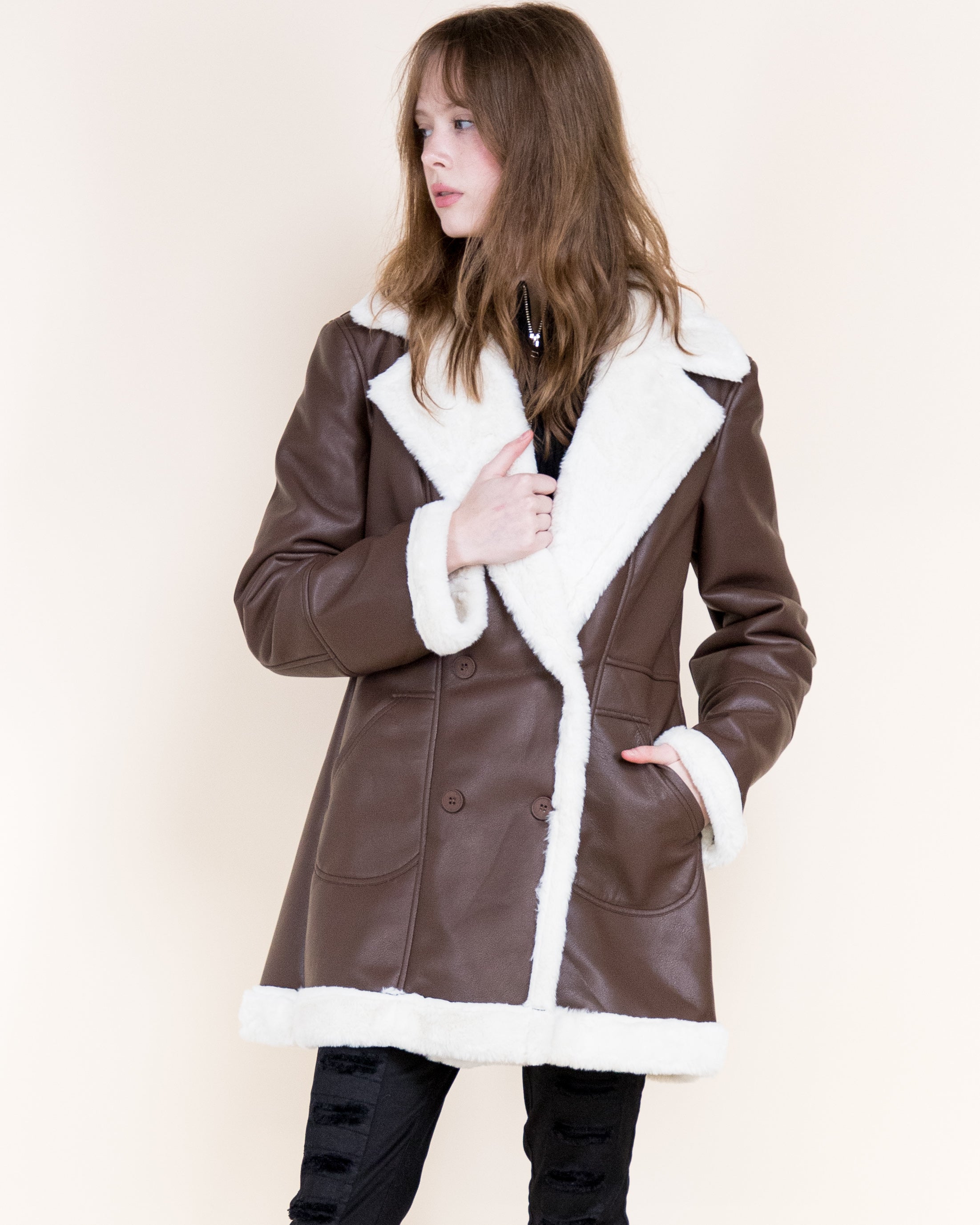 Aviatrice Double Breasted Shearling Vegan Leather Coat- BROWN (S/M, L/XL) (Pack of 6)